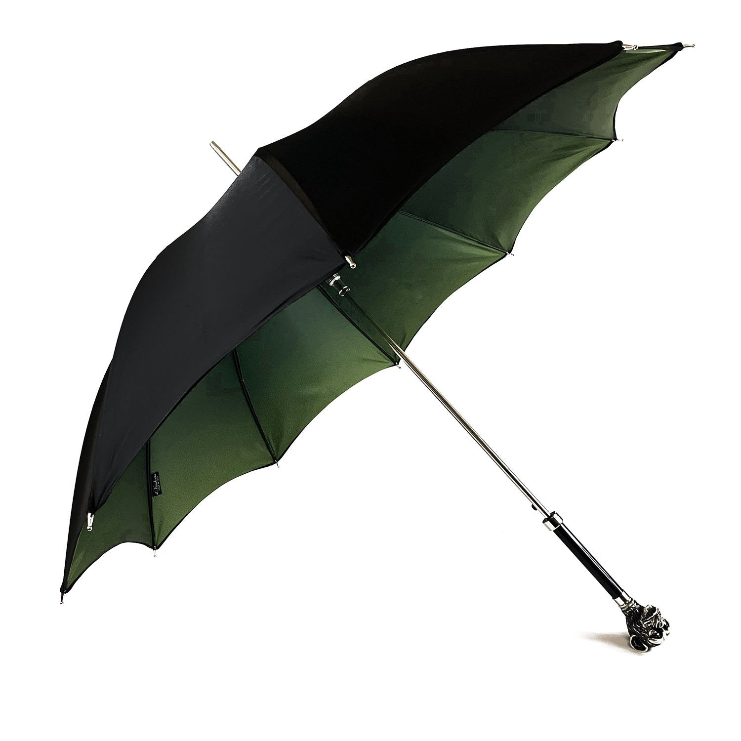 Men's artisan umbrella by Ilmarchesato with a hand-painted monkey handle, featuring a classic canopy and wooden shaft.