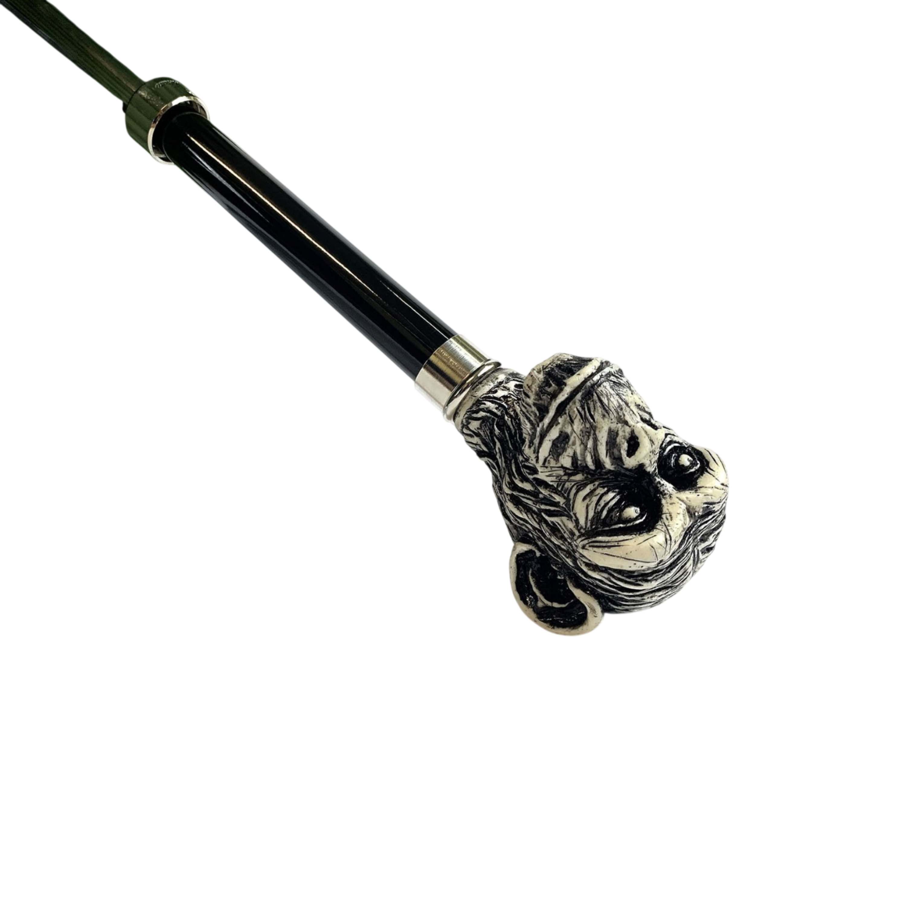Men's artisan umbrella with hand-painted monkey handle by Ilmarchesato, featuring a classic canopy and detailed craftsmanship.