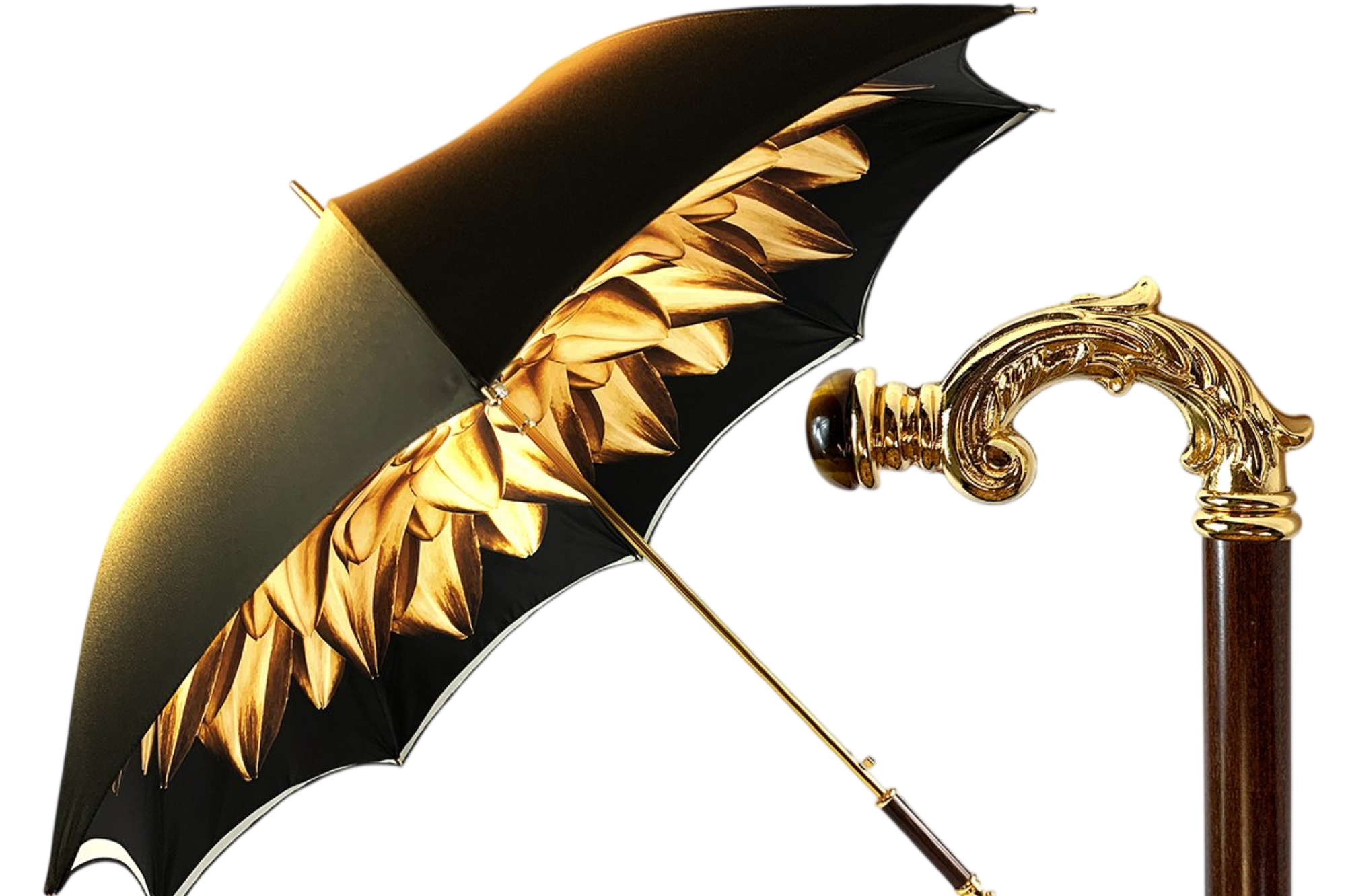 Gold-toned double-canopy umbrella with tiger eye handle, featuring a dahlia design by Ilmarchesato.