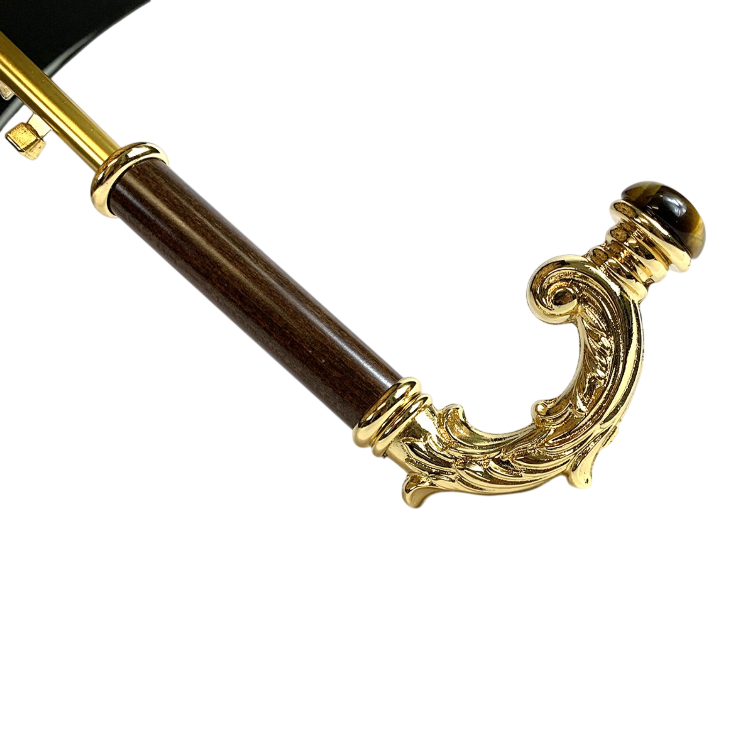 Gold-toned double-canopy umbrella with tiger eye handle, featuring a dahlia design by Ilmarchesato.