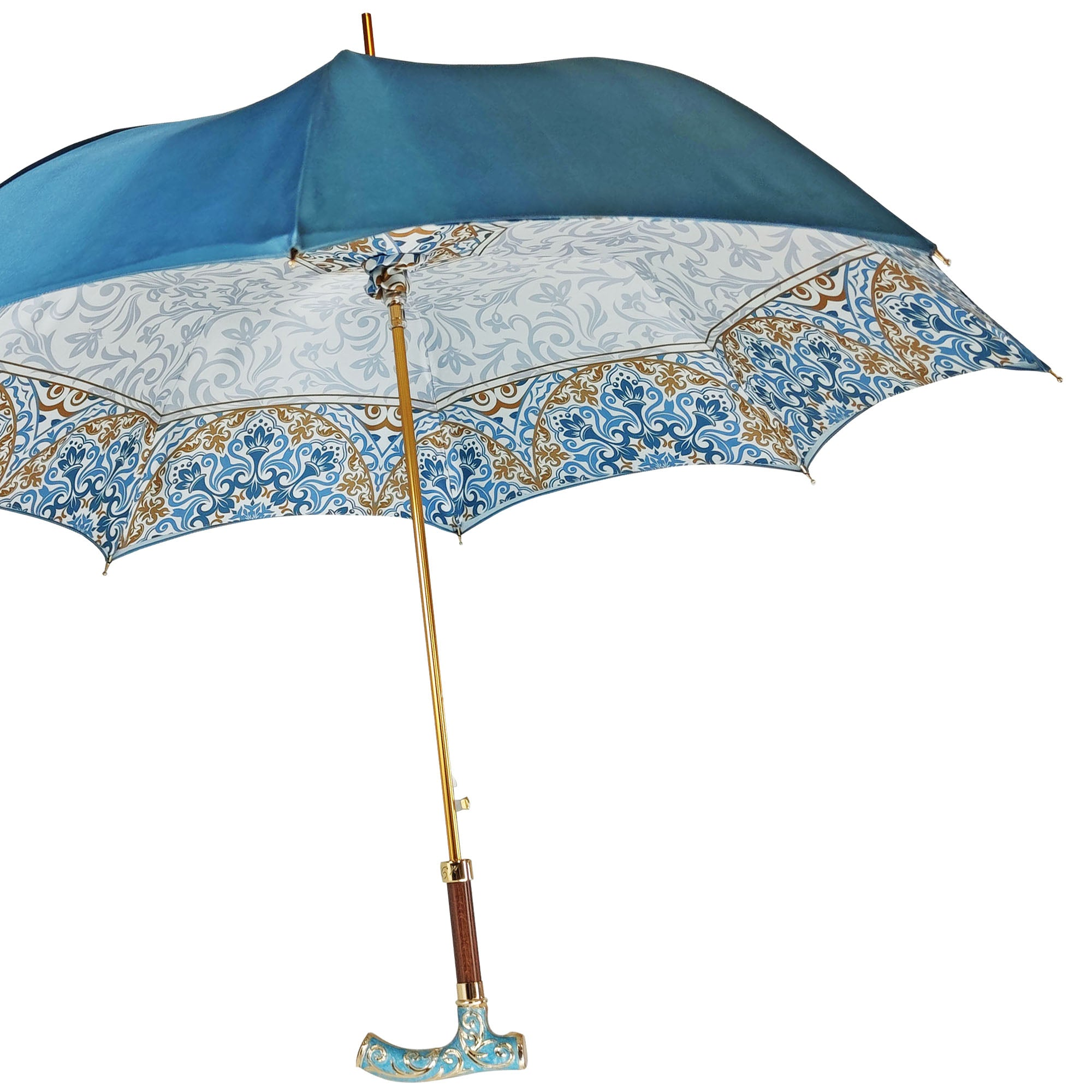 Refined ladies' rain umbrella with hand-painted design and 24K gold handle by Ilmarchesato, open showing intricate details.