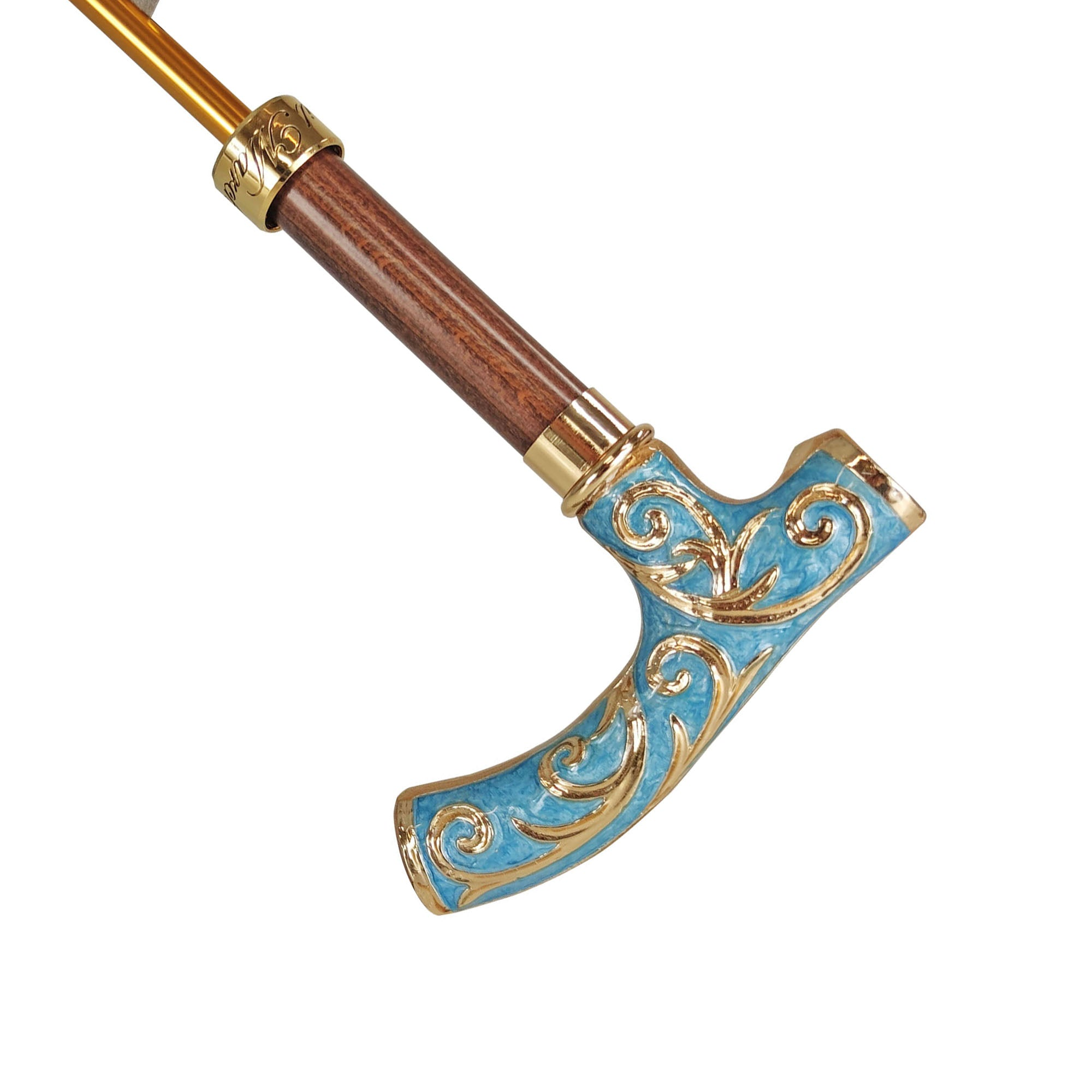 Refined ladies' rain umbrella with hand-painted design and 24K gold handle by Ilmarchesato, open to showcase elegant craftsmanship.