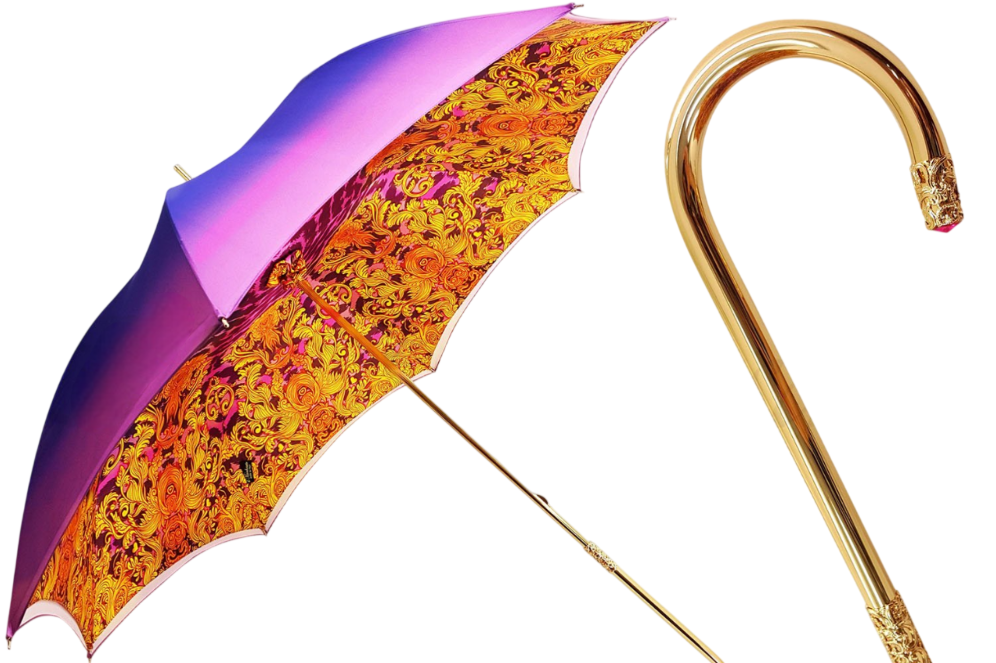 Ilmarchesato vibrant pink and blue double canopy rain umbrella with artistic interior design.