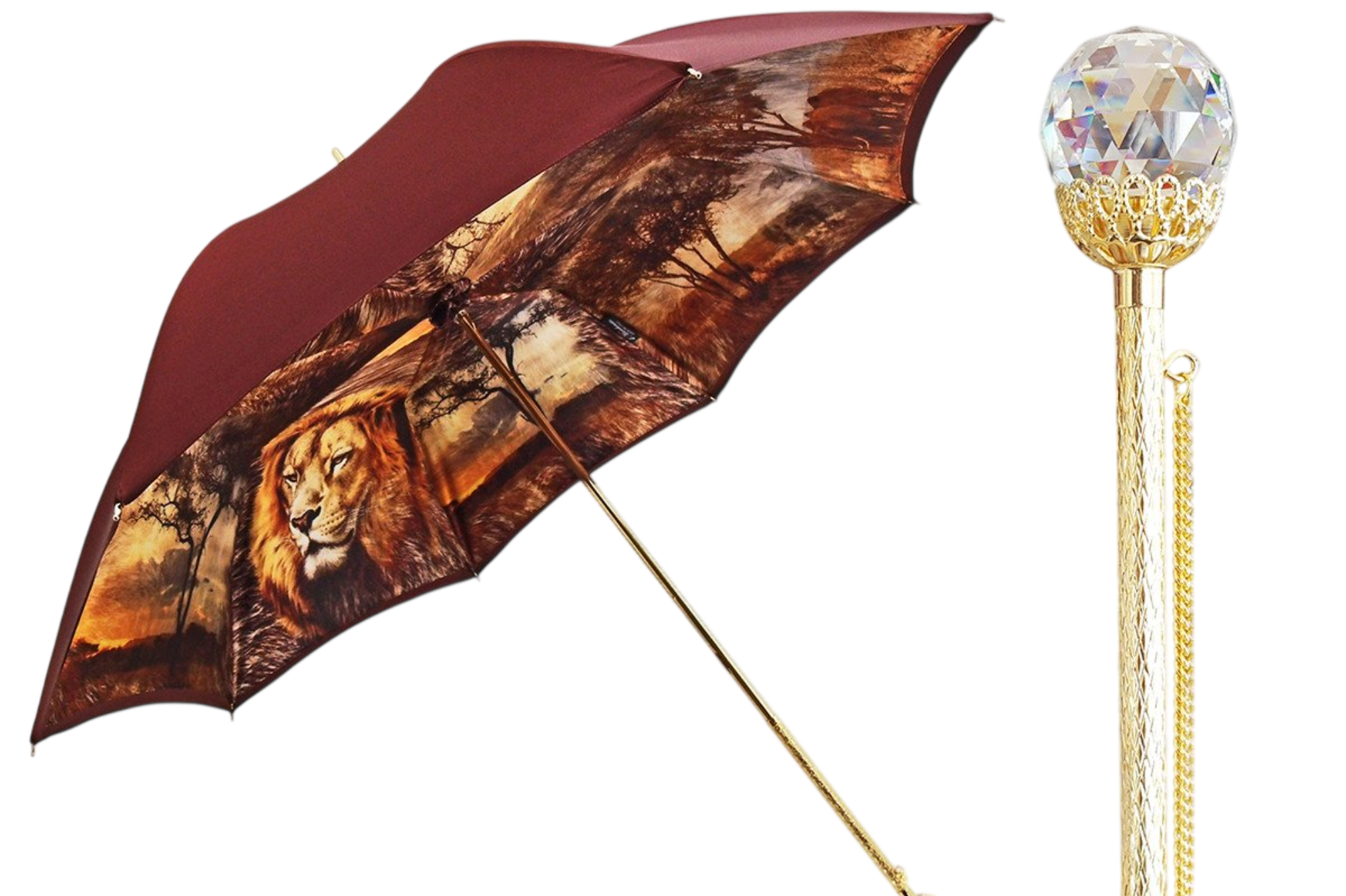 Luxury Savanna Lion double canopy umbrella by Ilmarchesato, showcasing a detailed lion design and elegant craftsmanship.