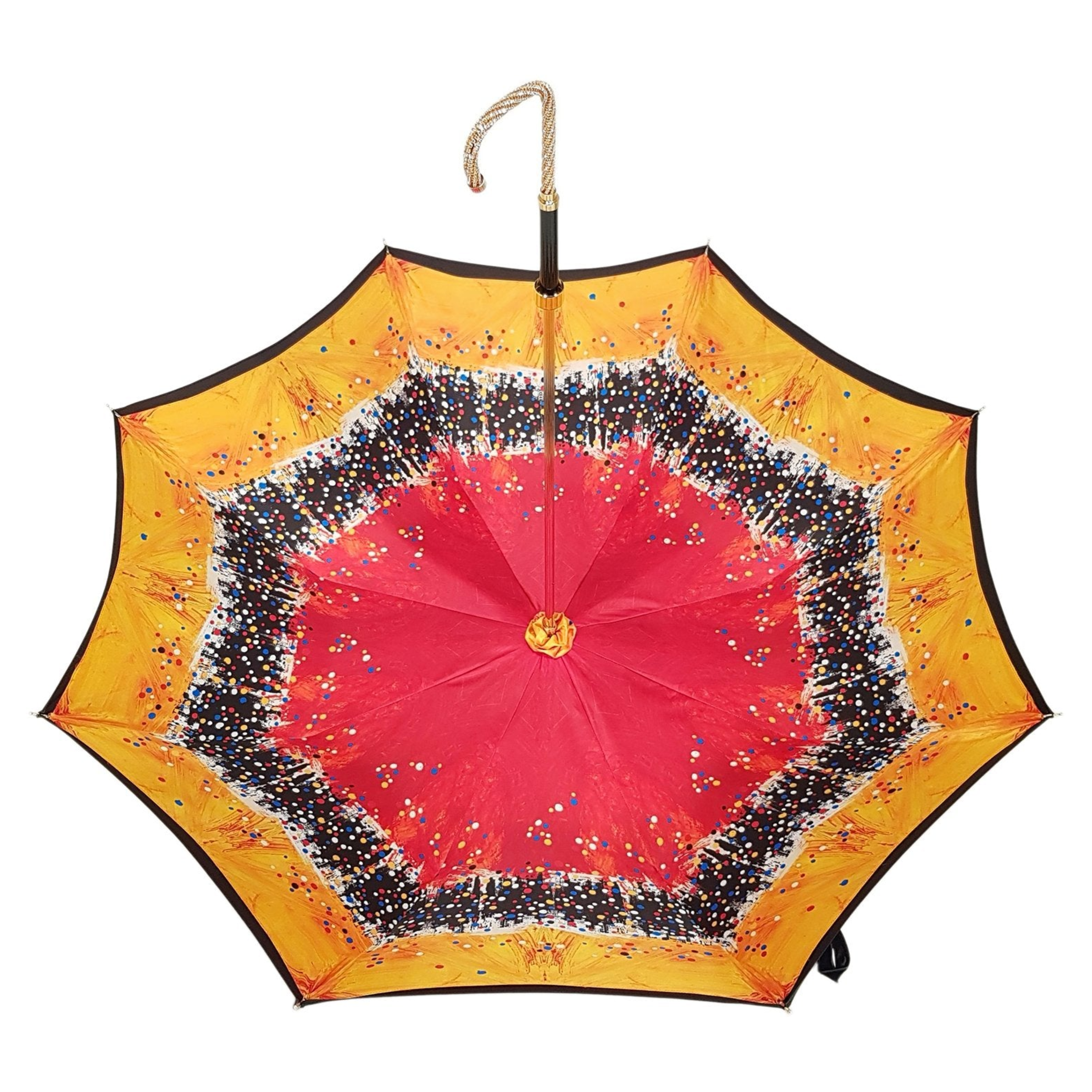 Ilmarchesato multicolored double canopy umbrella featuring a Swarovski handle, showcasing elegant design and vibrant colors.