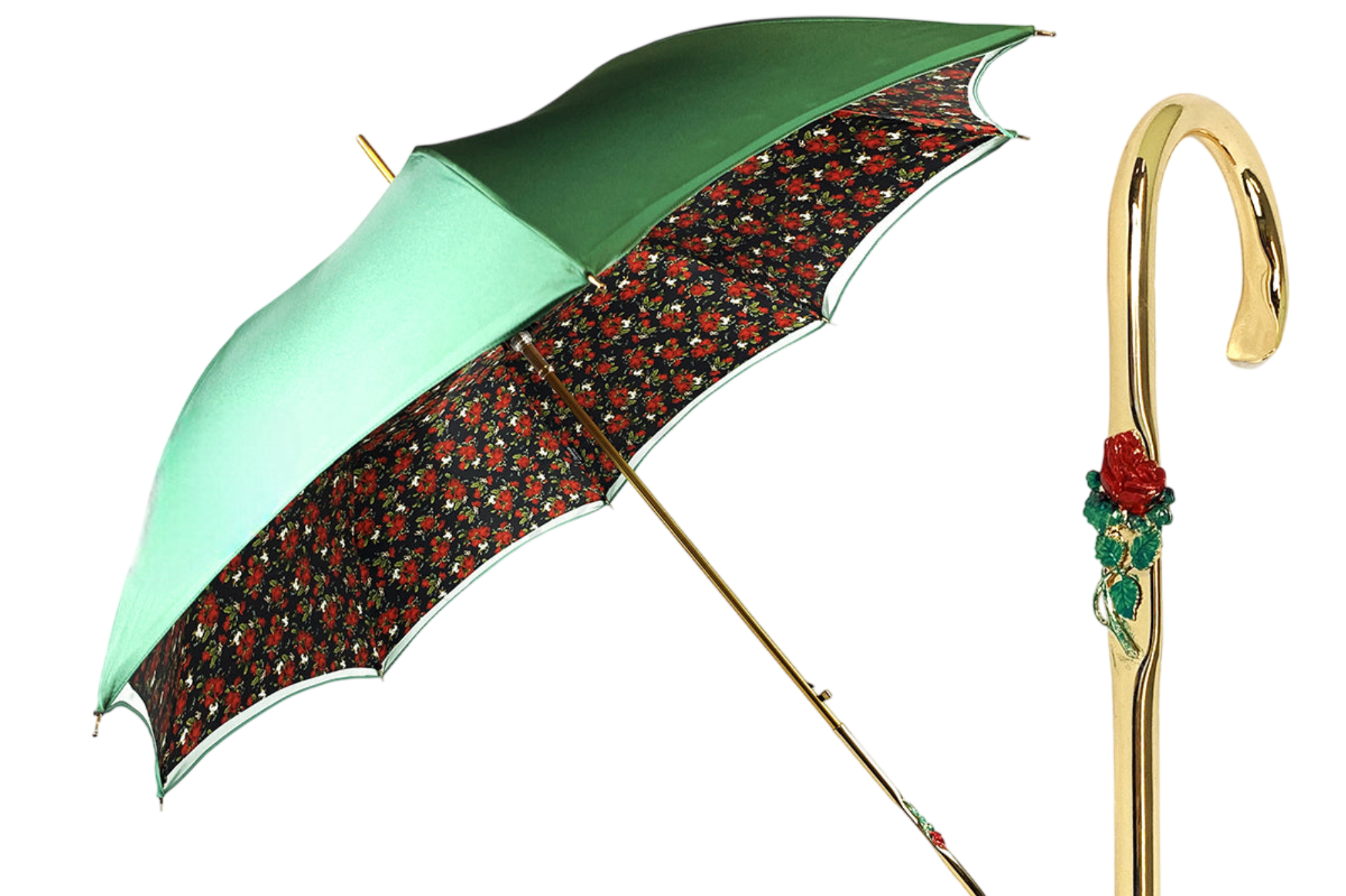 Gradient green luxury umbrella by Ilmarchesato featuring an elegant enamel rose handle.