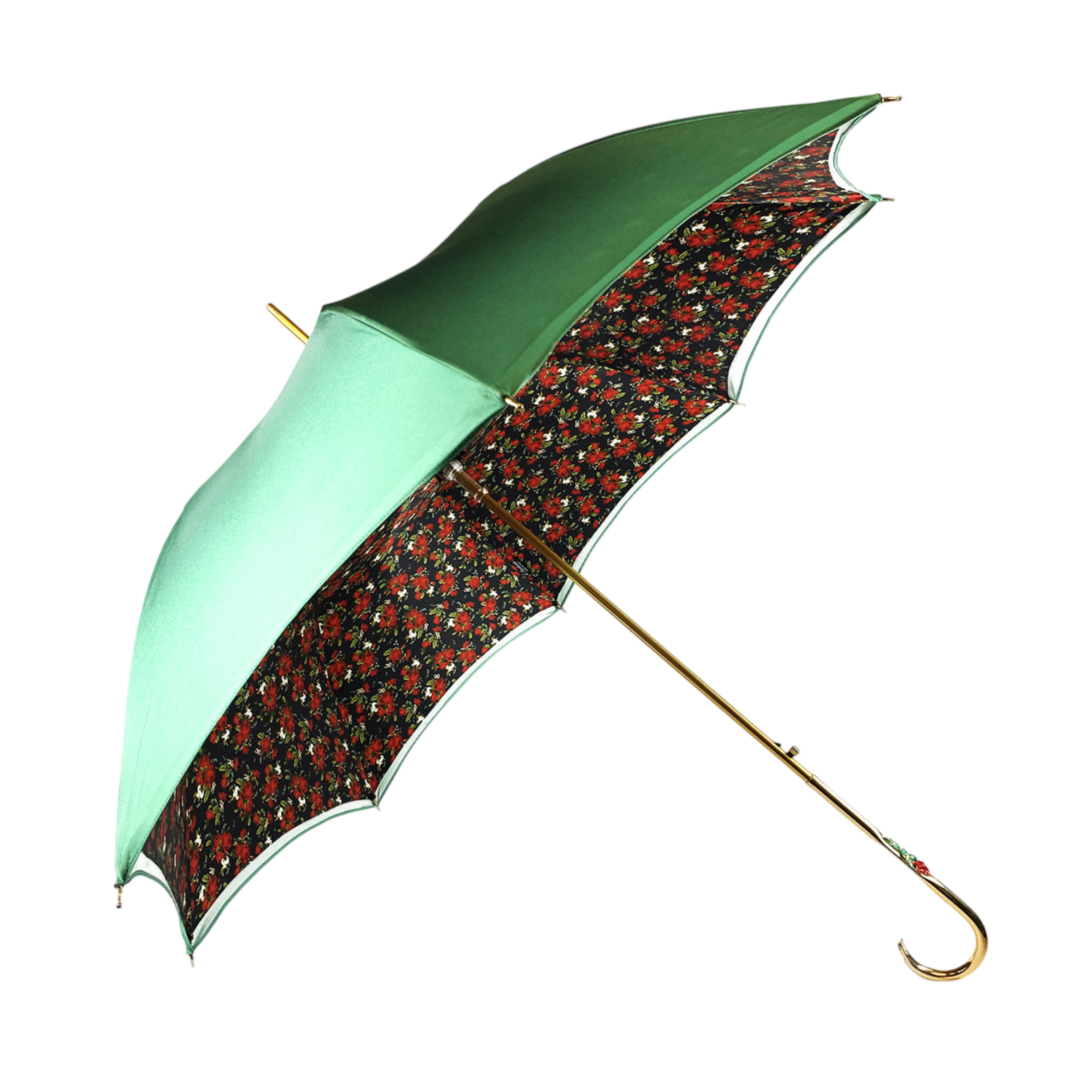Gradient green luxury umbrella with an enamel rose handle by Ilmarchesato, showcasing its elegant design and color.