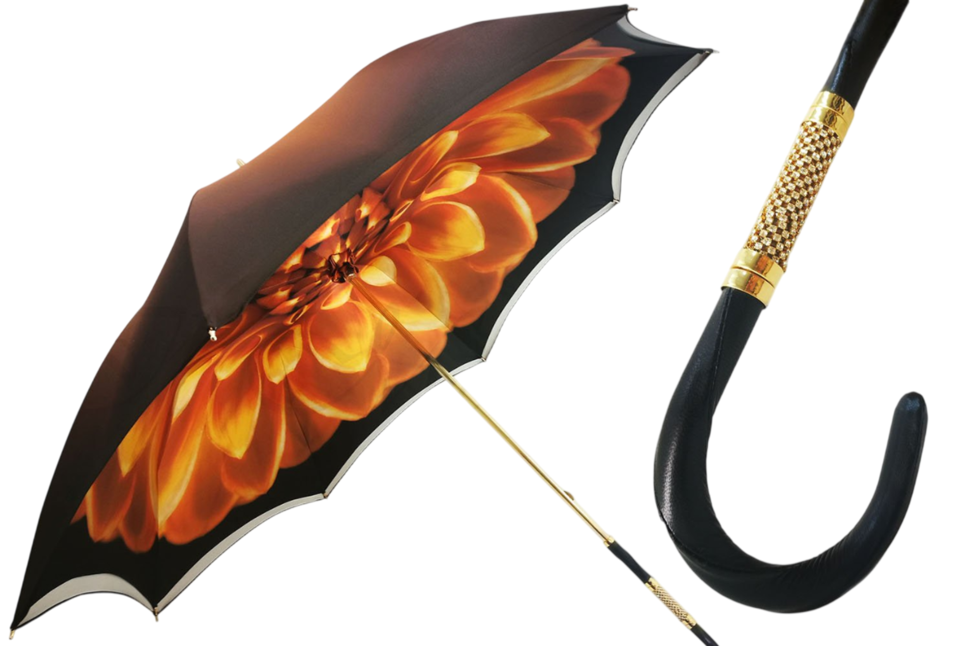 Luxury brown satin double canopy umbrella with vibrant gerbera interior by Ilmarchesato, showcasing elegant design.