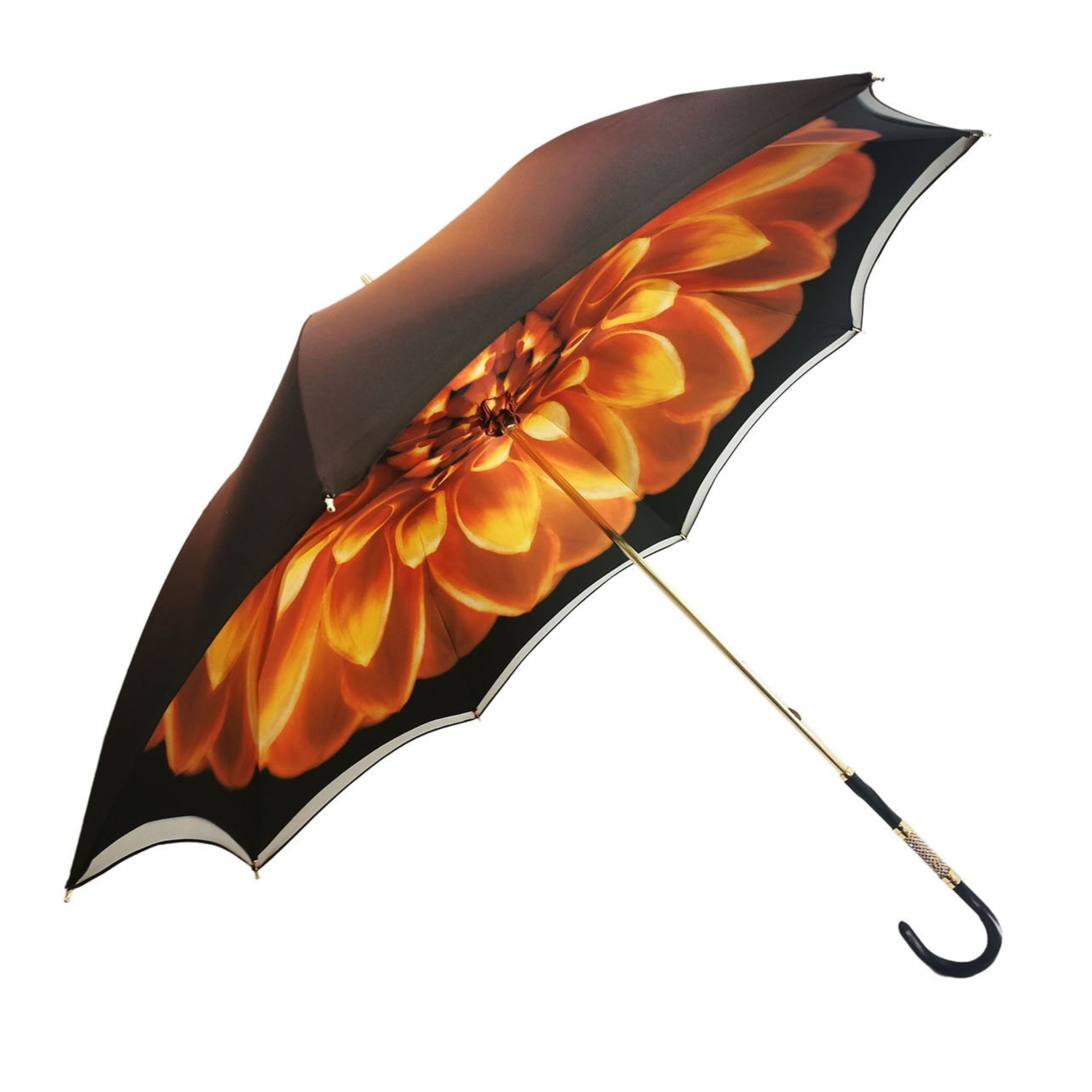 Luxury brown satin double canopy umbrella with a vibrant Gerbera interior design by Ilmarchesato.