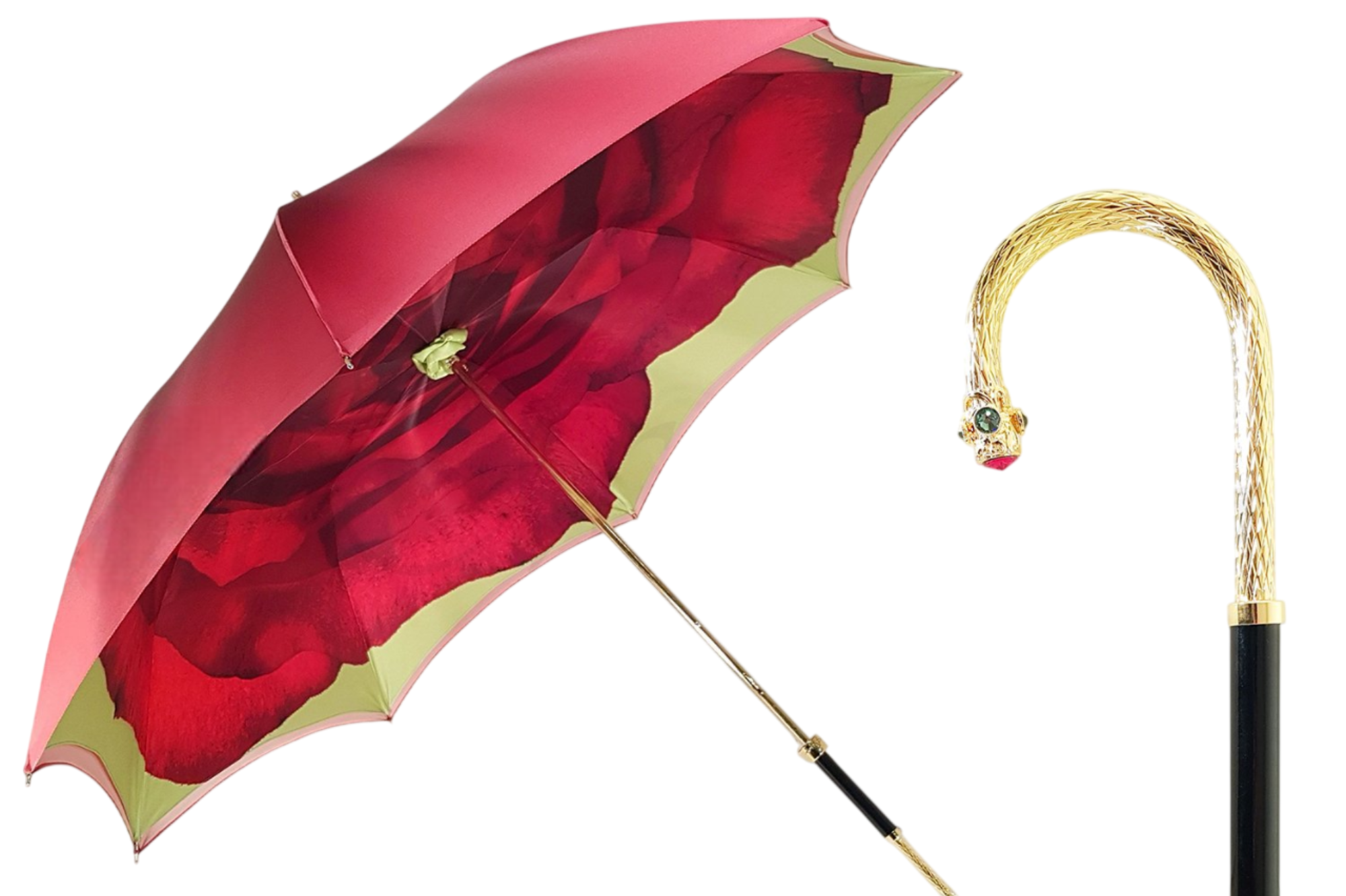 Burgundy Rose Double Canopy luxury rain umbrella for women by Ilmarchesato, featuring elegant floral pattern and sturdy canopy.