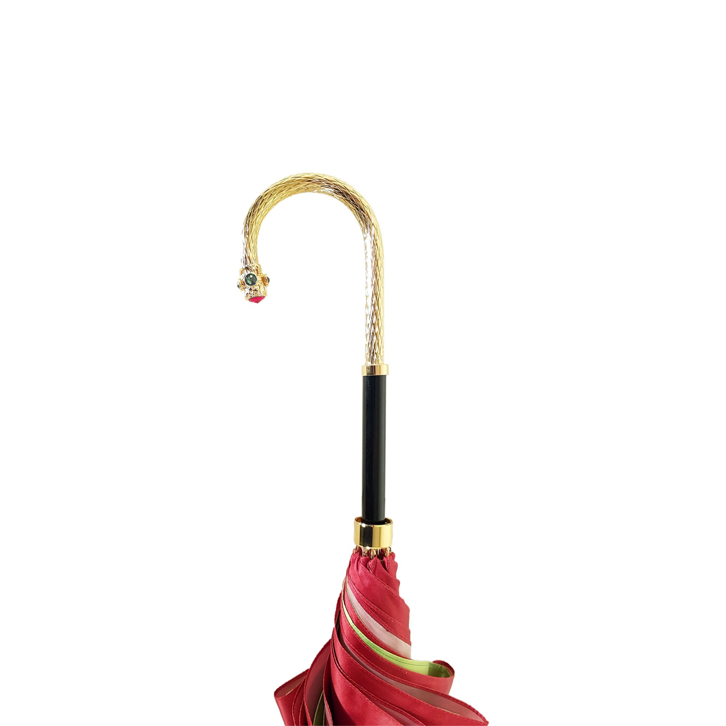 Burgundy rose double canopy luxury rain umbrella for women by Ilmarchesato, showing the elegant floral design and sturdy frame.