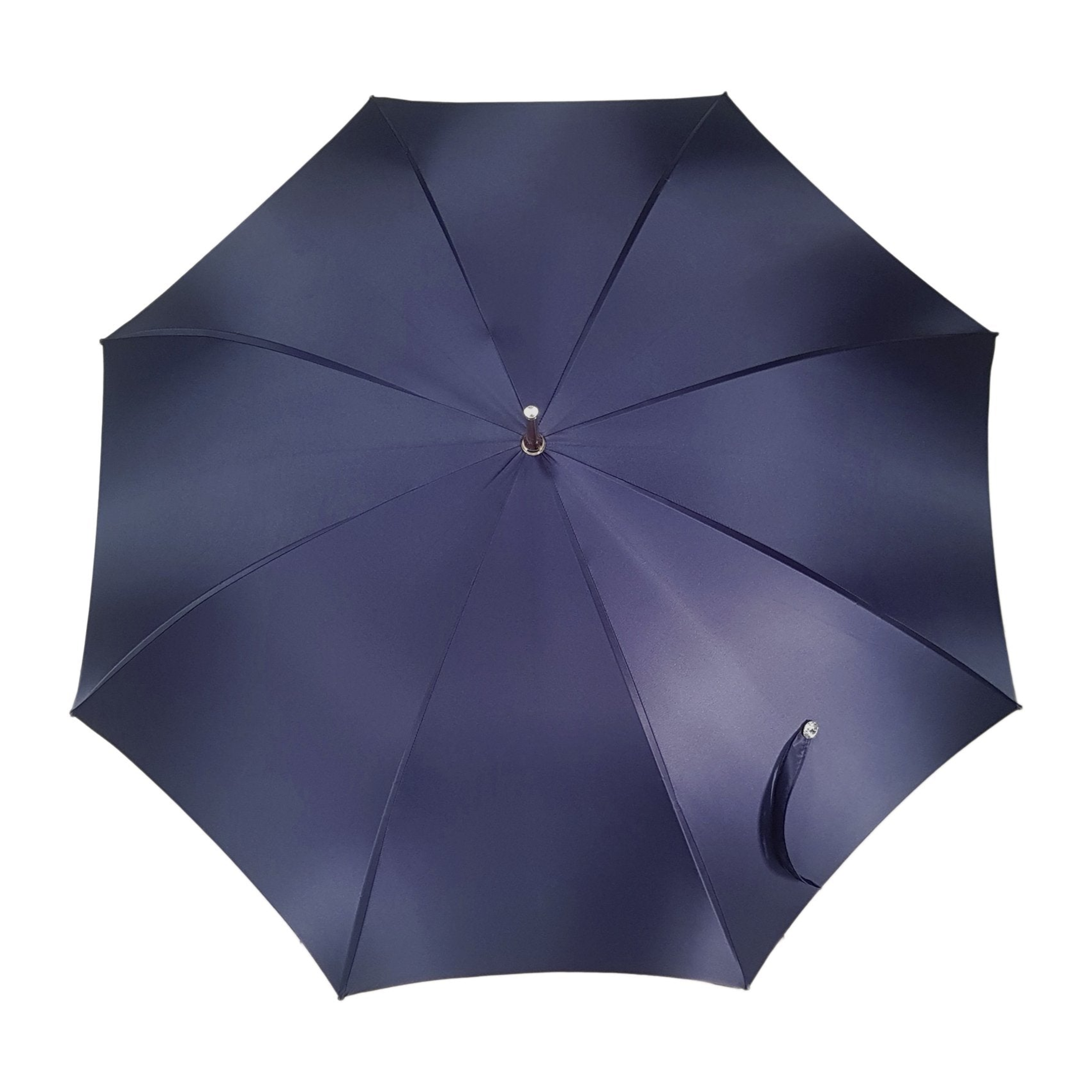 Dark blue Ilmarchesato luxury rain umbrella with double canopy and artistic interior design, showcasing elegant craftsmanship and style.