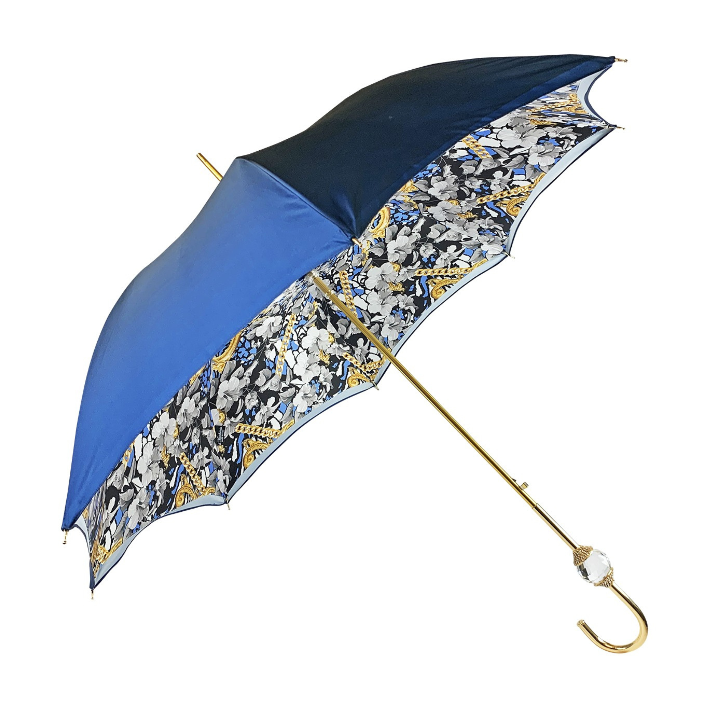 Navy blue luxury rain umbrella by Ilmarchesato featuring a Swarovski crystal sphere handle.