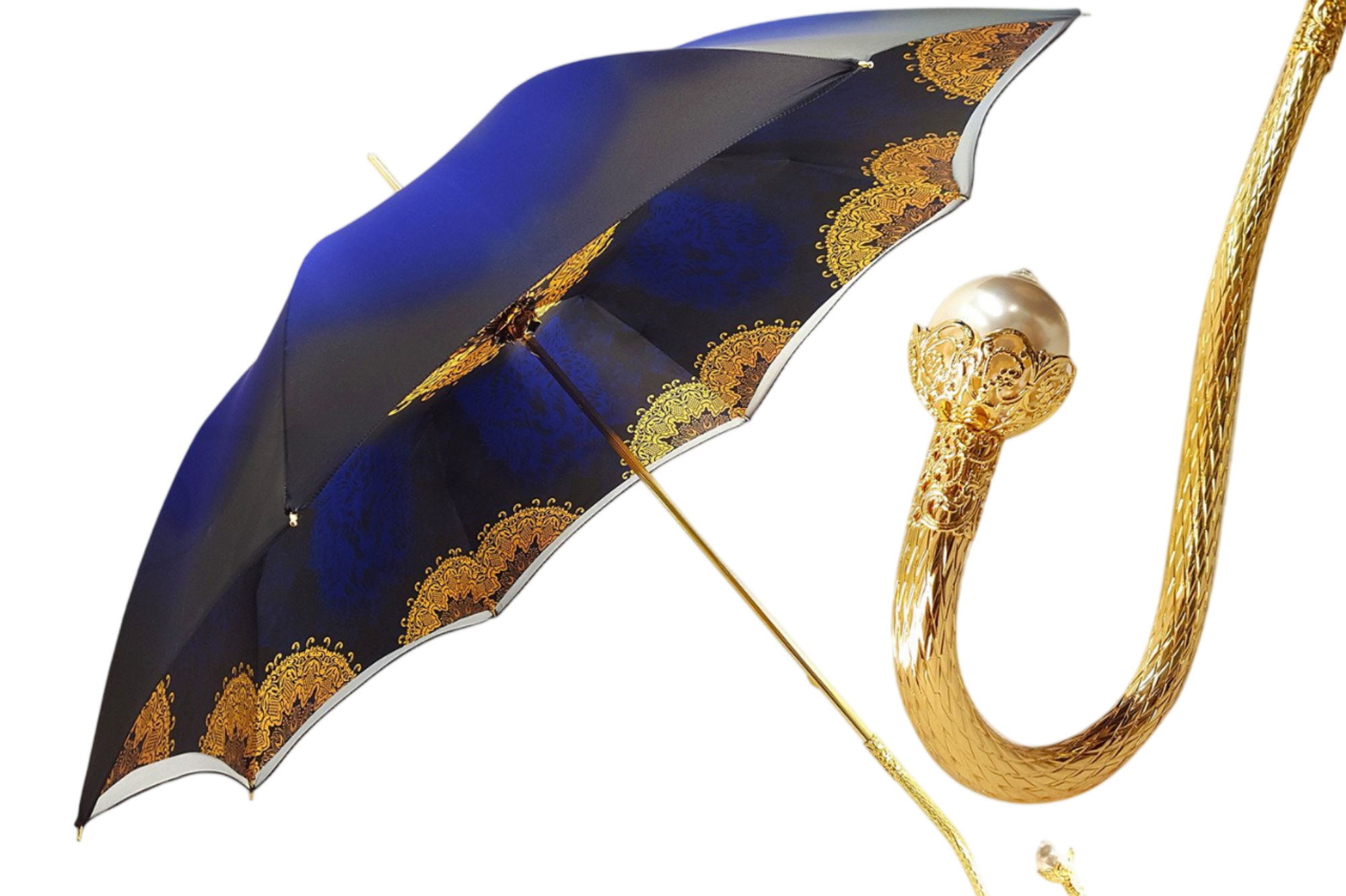 Blue satin double canopy luxury rain umbrella with pearl handle, stylish design and sturdy frame by Ilmarchesato.