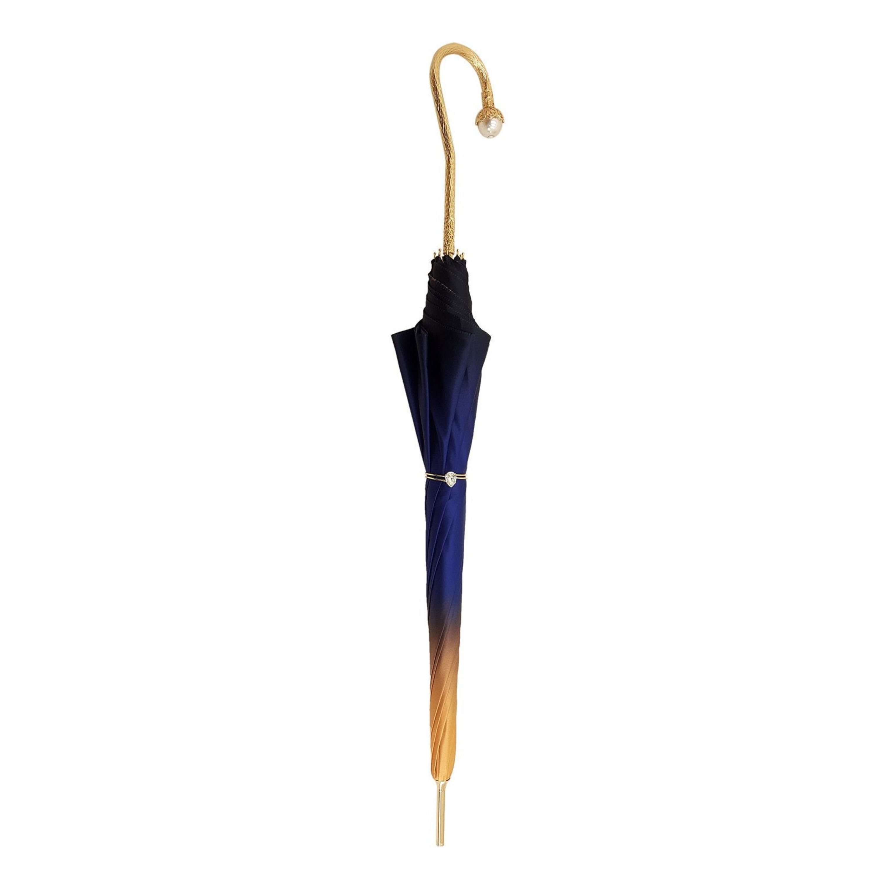 Blue satin double canopy luxury rain umbrella with pearl handle by Ilmarchesato, featuring elegant fabric and stylish design.