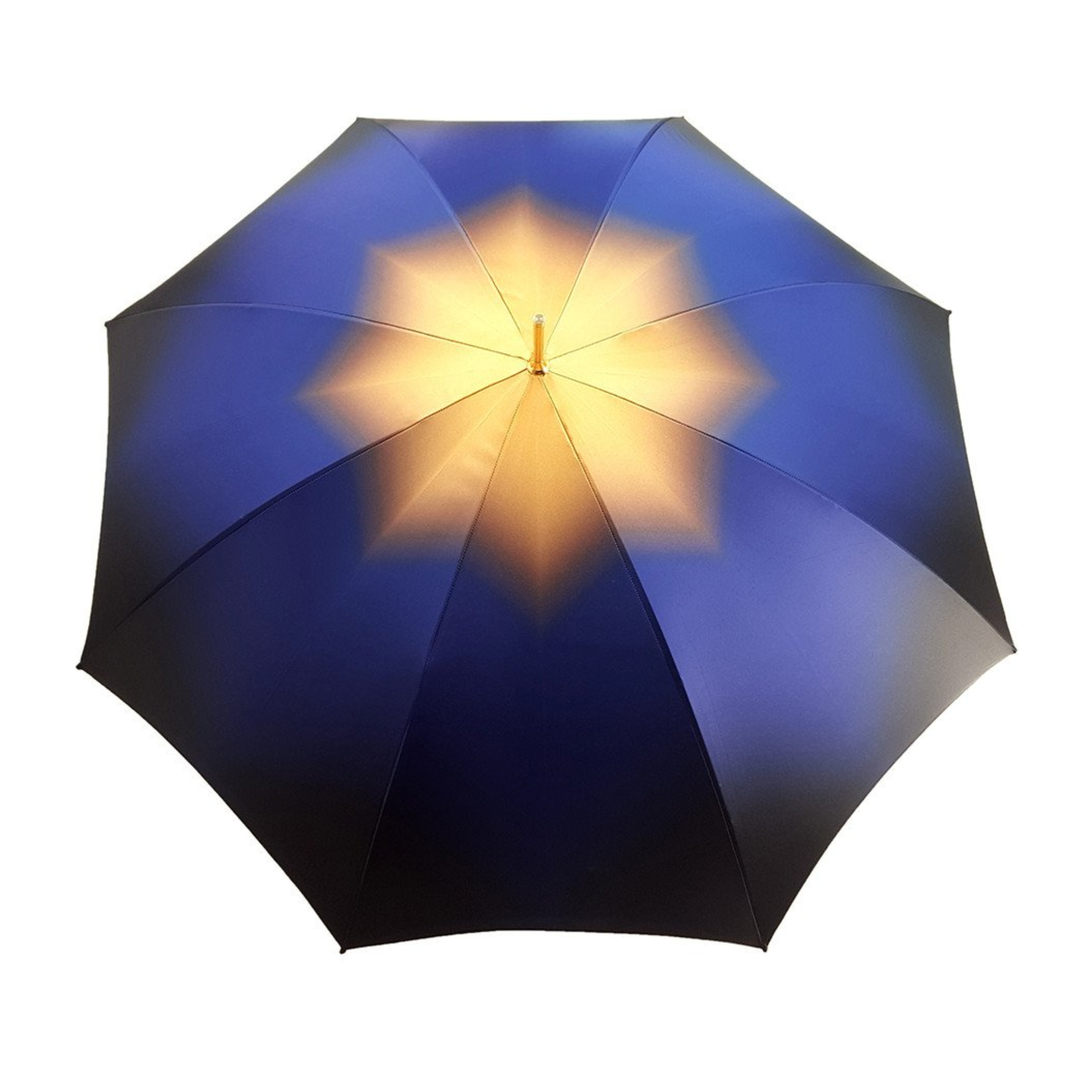 Blue satin double canopy luxury rain umbrella with pearl handle by Ilmarchesato, featuring a stylish, elegant design.