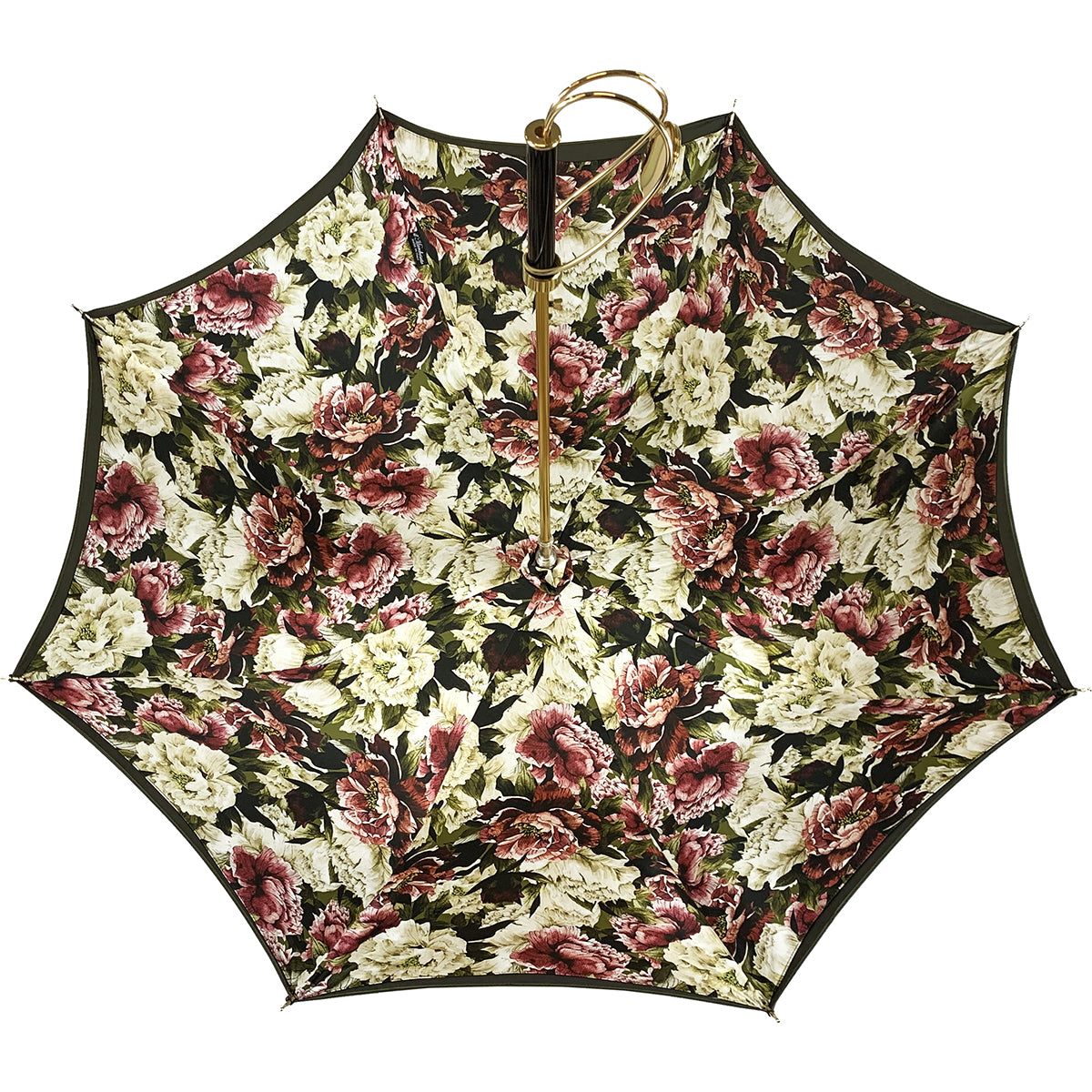 Khaki satin luxury umbrella with a crystal medallion handle, showcasing elegant design and premium craftsmanship by Ilmarchesato.