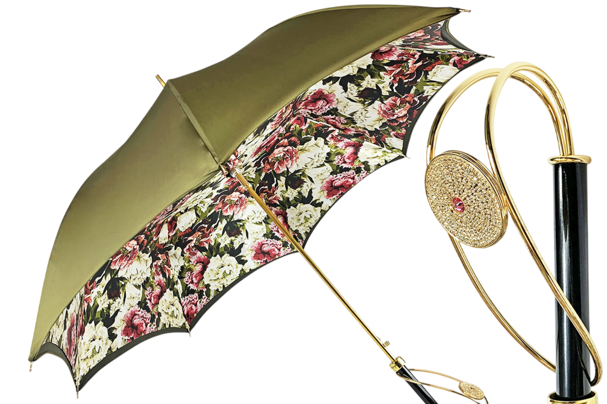 Khaki satin luxury umbrella featuring a crystal medallion handle by Ilmarchesato, perfect for stylish rain protection.