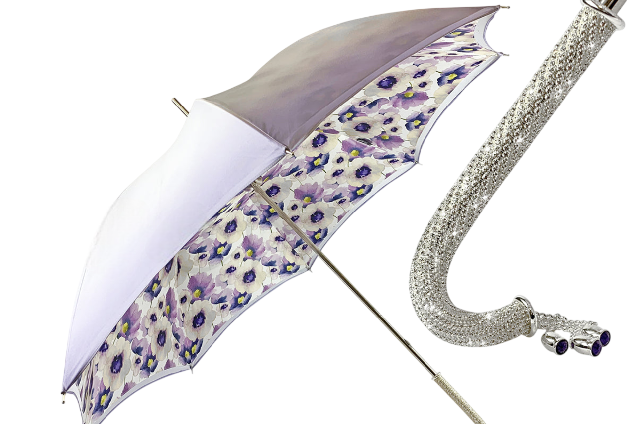Premium handmade Ilmarchesato sparkling lilac umbrella featuring vibrant anemones on a rainy day backdrop.