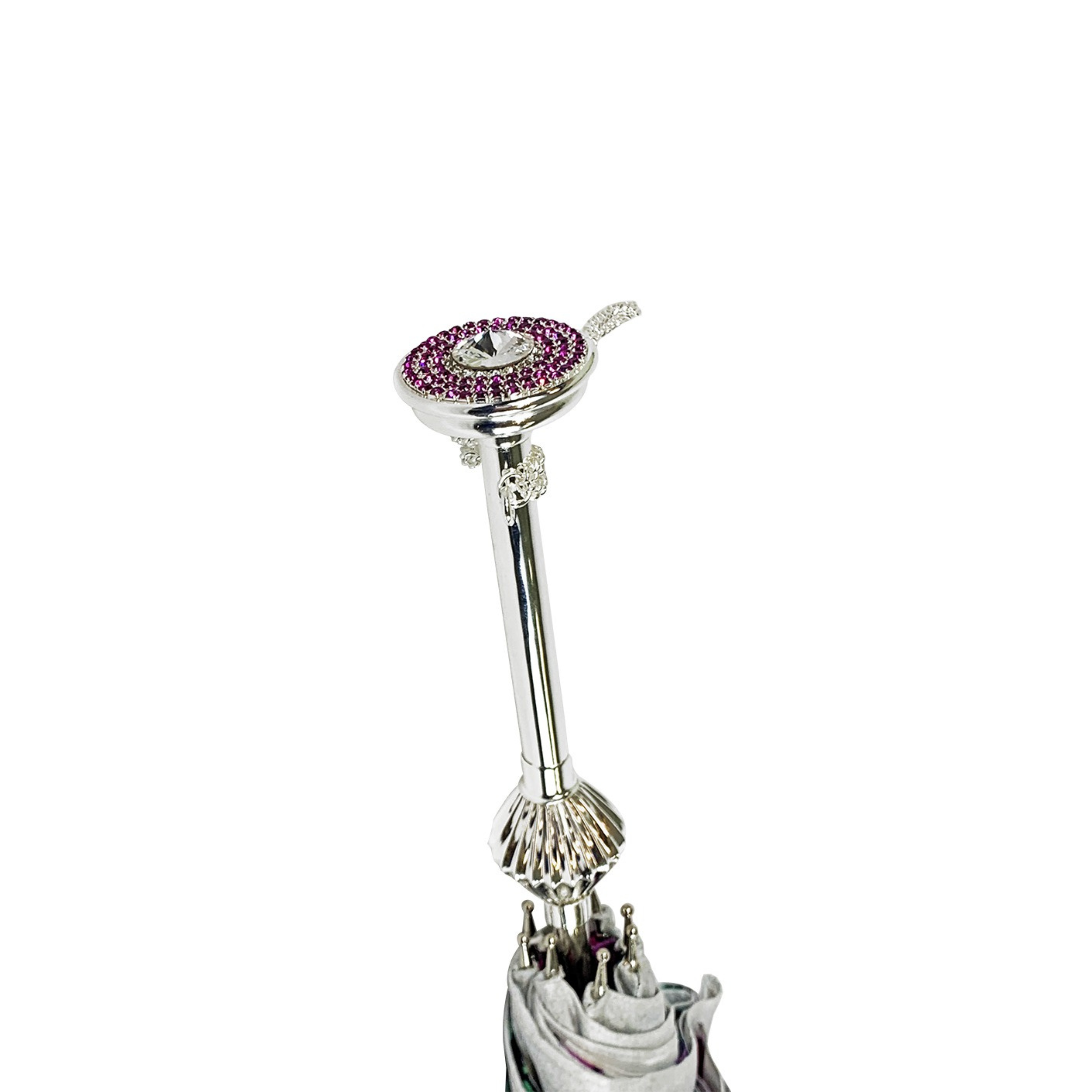 Ilmarchesato silvered rain umbrella featuring anemones and fuchsia crystals, showcasing intricate floral design.