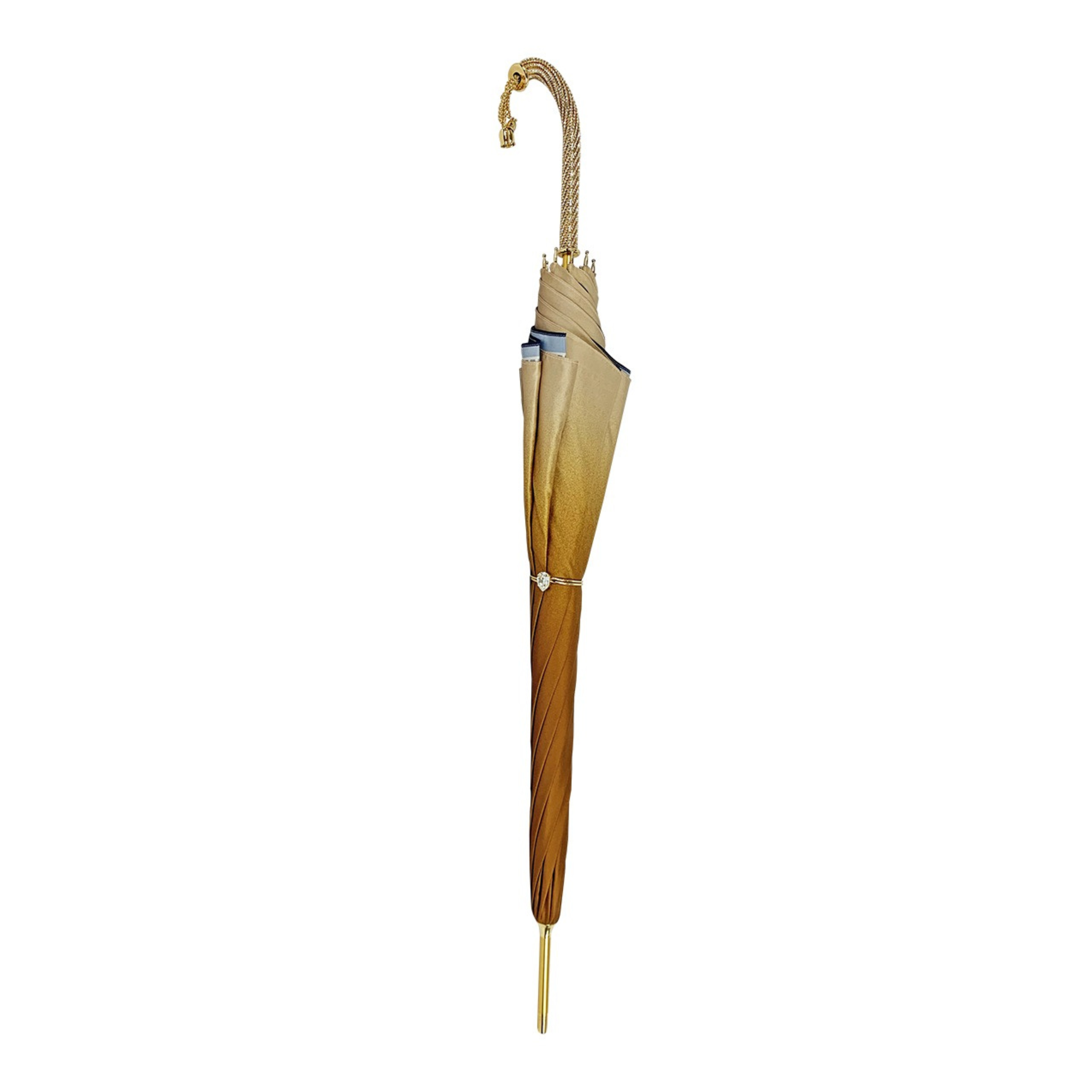 Luxury golden ladies umbrella by Ilmarchesato featuring an ornamental Arabic design against a white background.