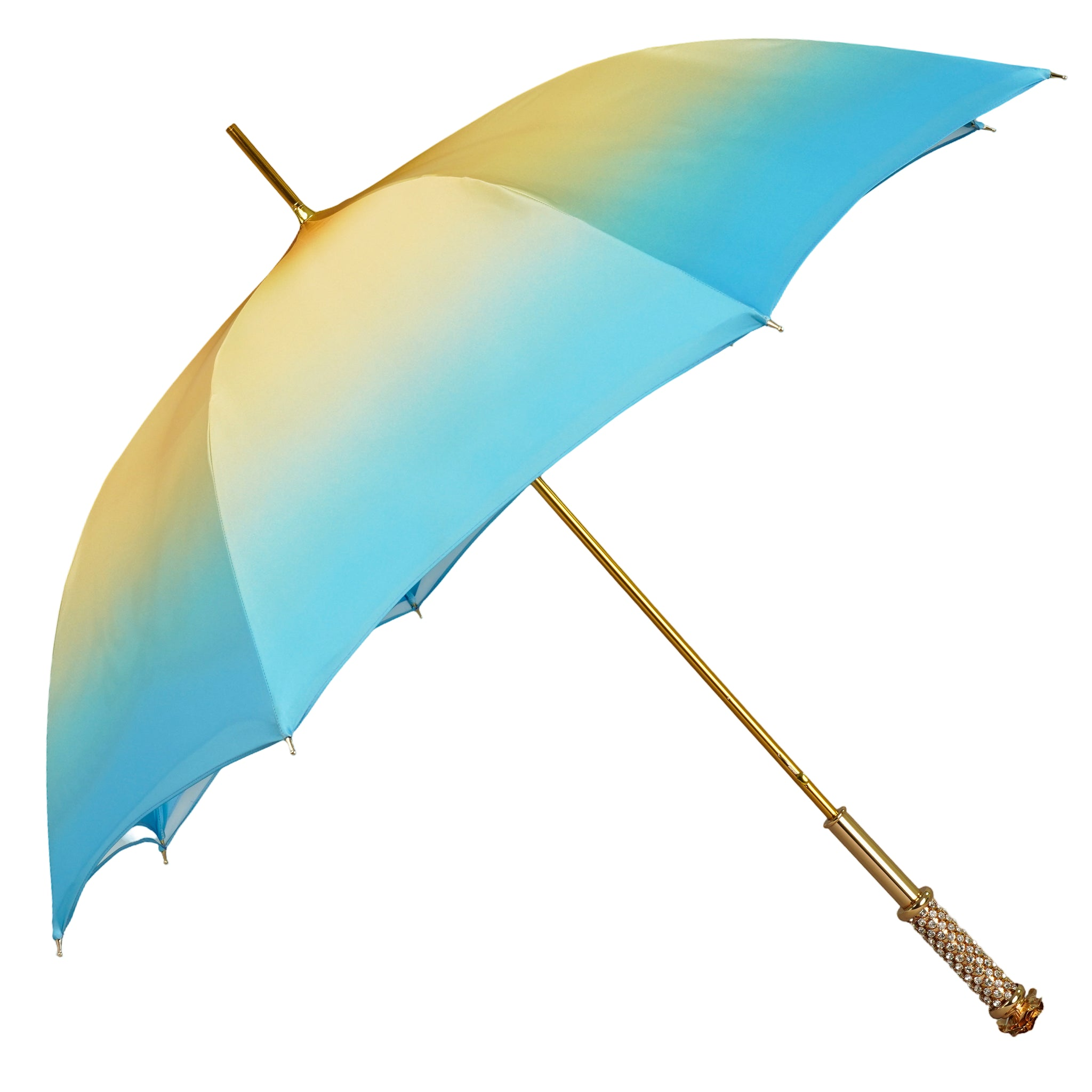 Royal Azure luxury umbrella by Ilmarchesato, showcasing intricate design and vibrant blue color against a neutral background.