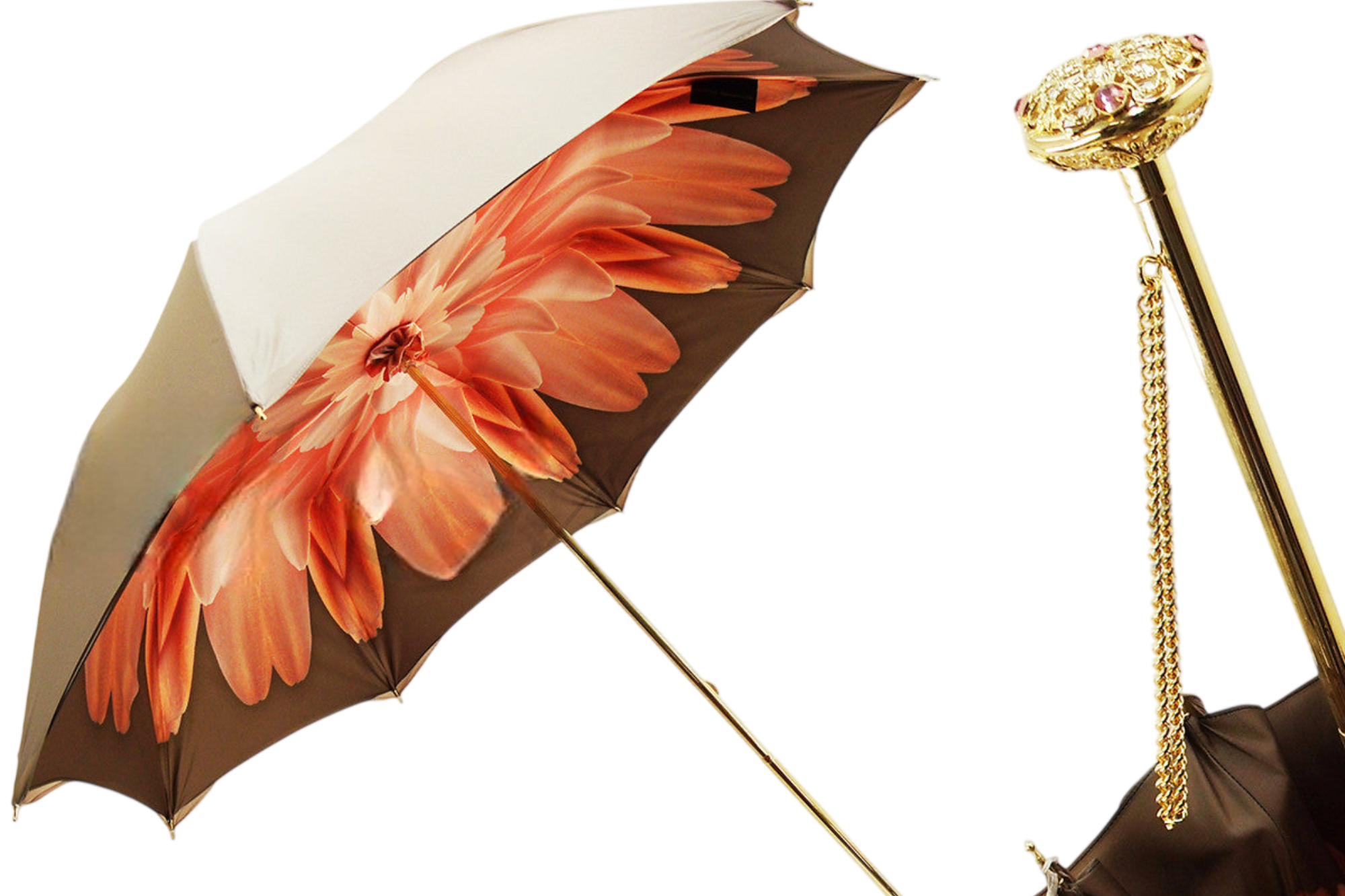 Ilmarchesato dahlia floral double canopy rain umbrella with luxurious satin finish, showcasing intricate floral pattern and elegant design.
