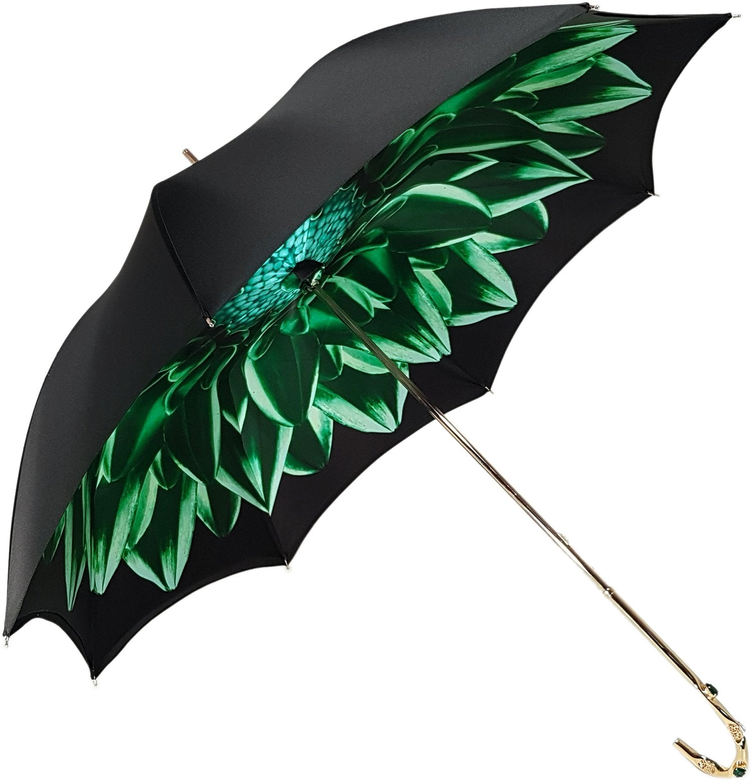 Luxury green double canopy umbrella by Ilmarchesato featuring a floral interior design.