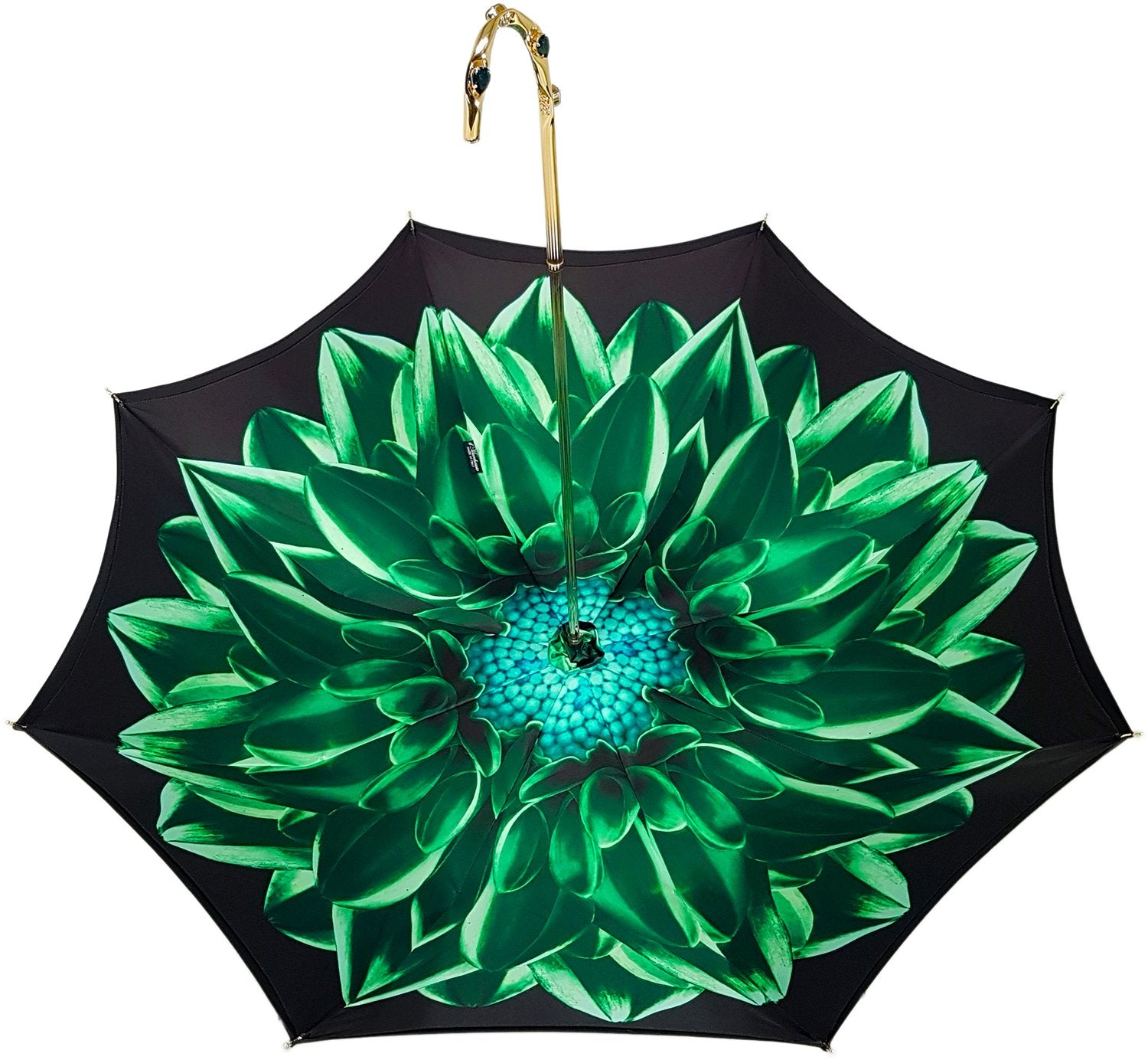 Luxury green double canopy umbrella with floral interior design by Ilmarchesato, showcasing elegant patterns and sturdy construction.