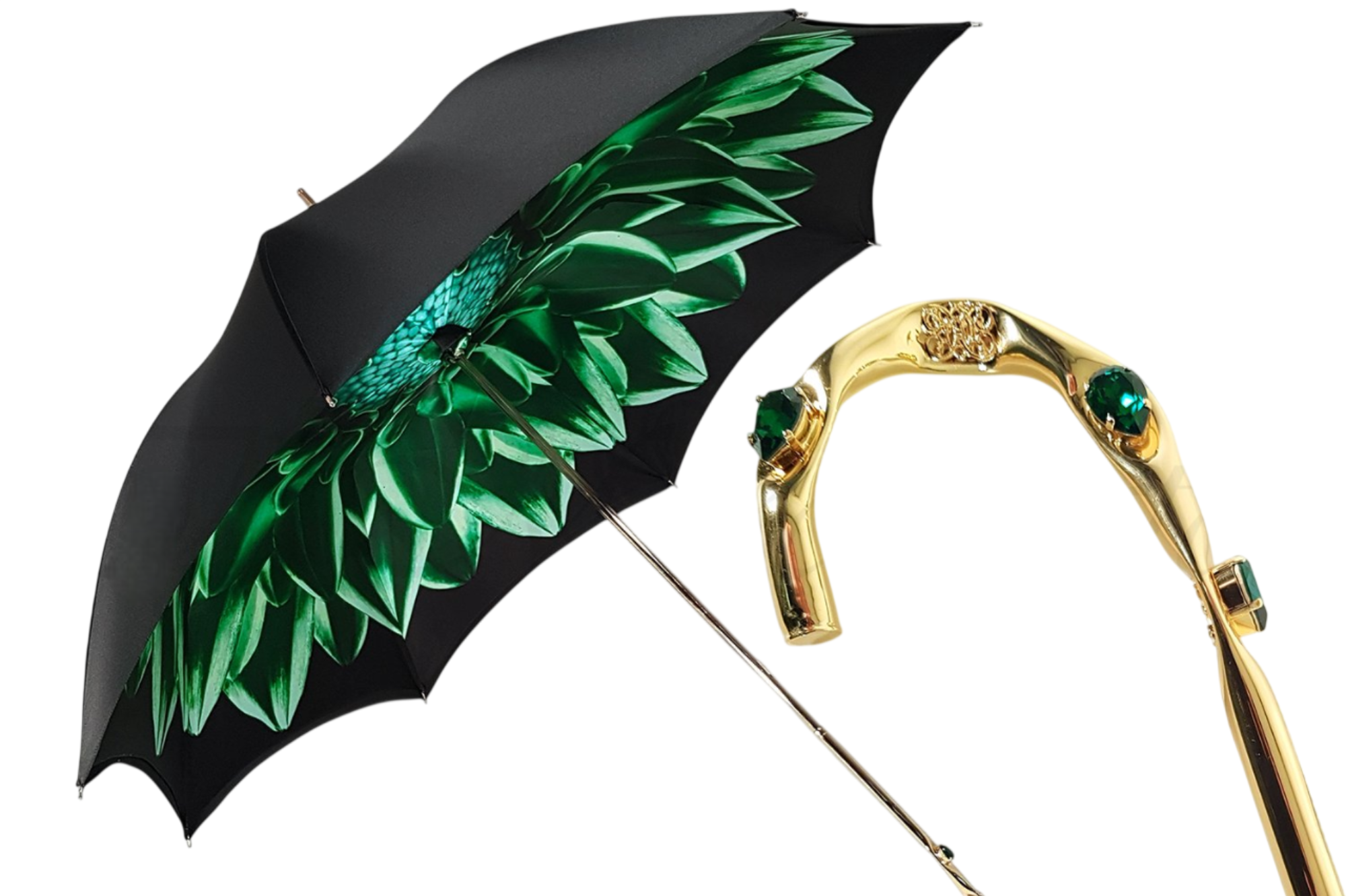 Luxury green double canopy umbrella with floral interior design by Ilmarchesato, showcasing its elegant structure and vibrant patterns.