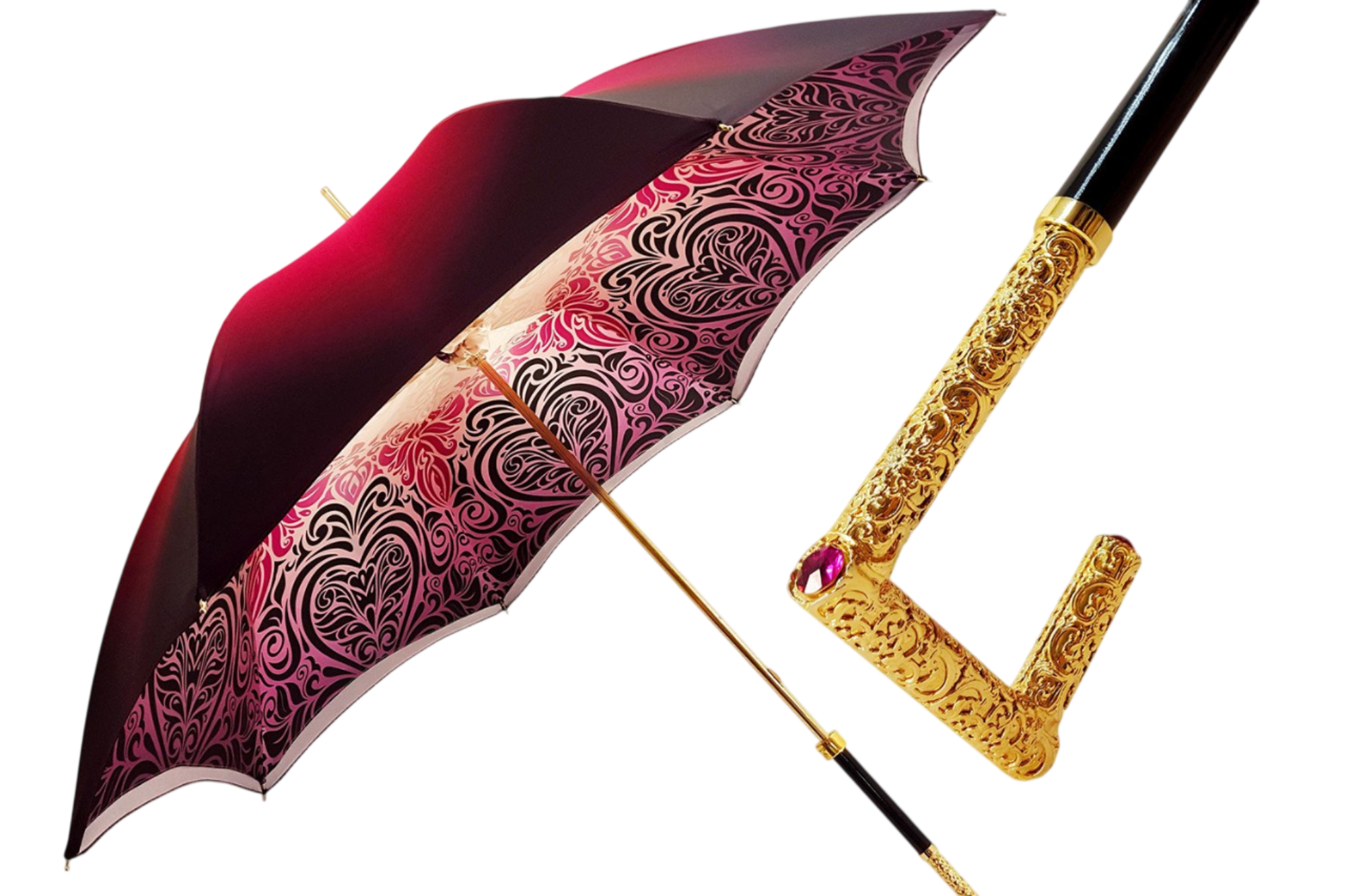 Luxury Ilmarchesato gradient satin double canopy umbrella with an elegant pearl handle, showcasing its stylish design.