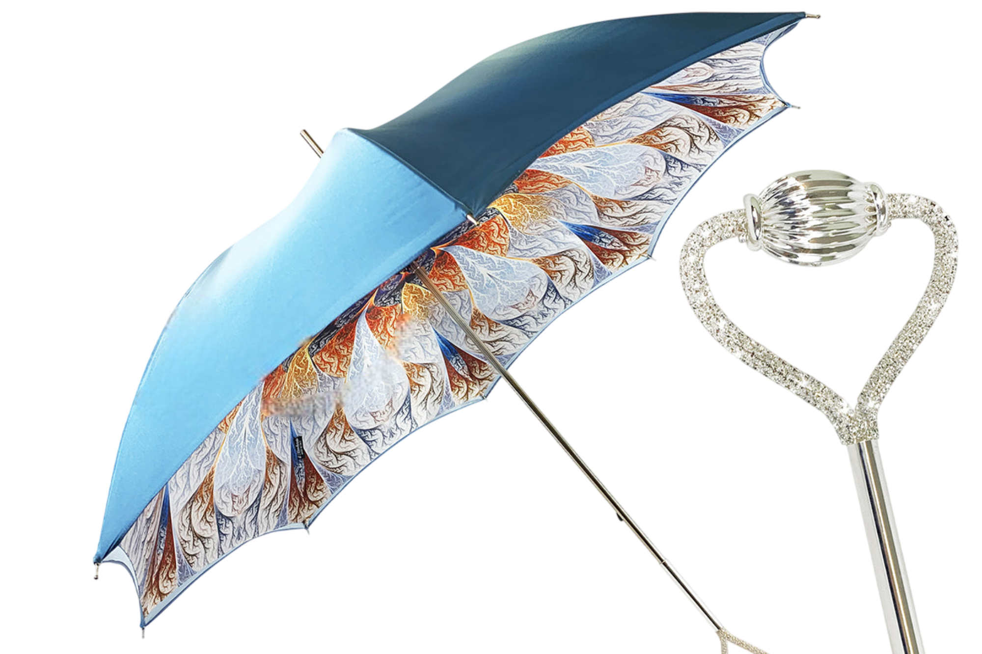 Light blue Ilmarchesato luxury umbrella featuring abstract marine art design against a white background.