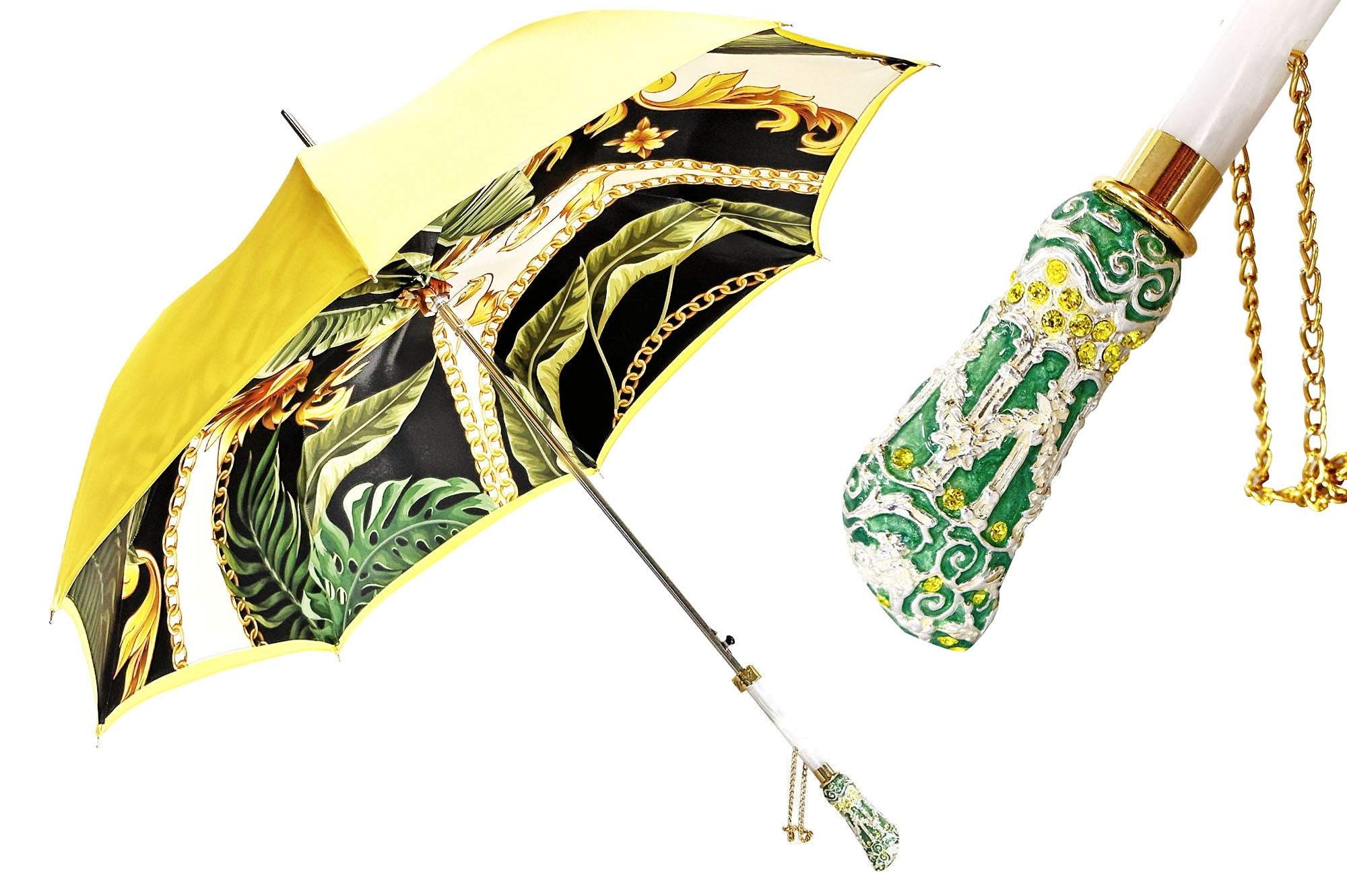 Yellow gold luxury rain umbrella featuring a hand-enameled crystal handle by Ilmarchesato.