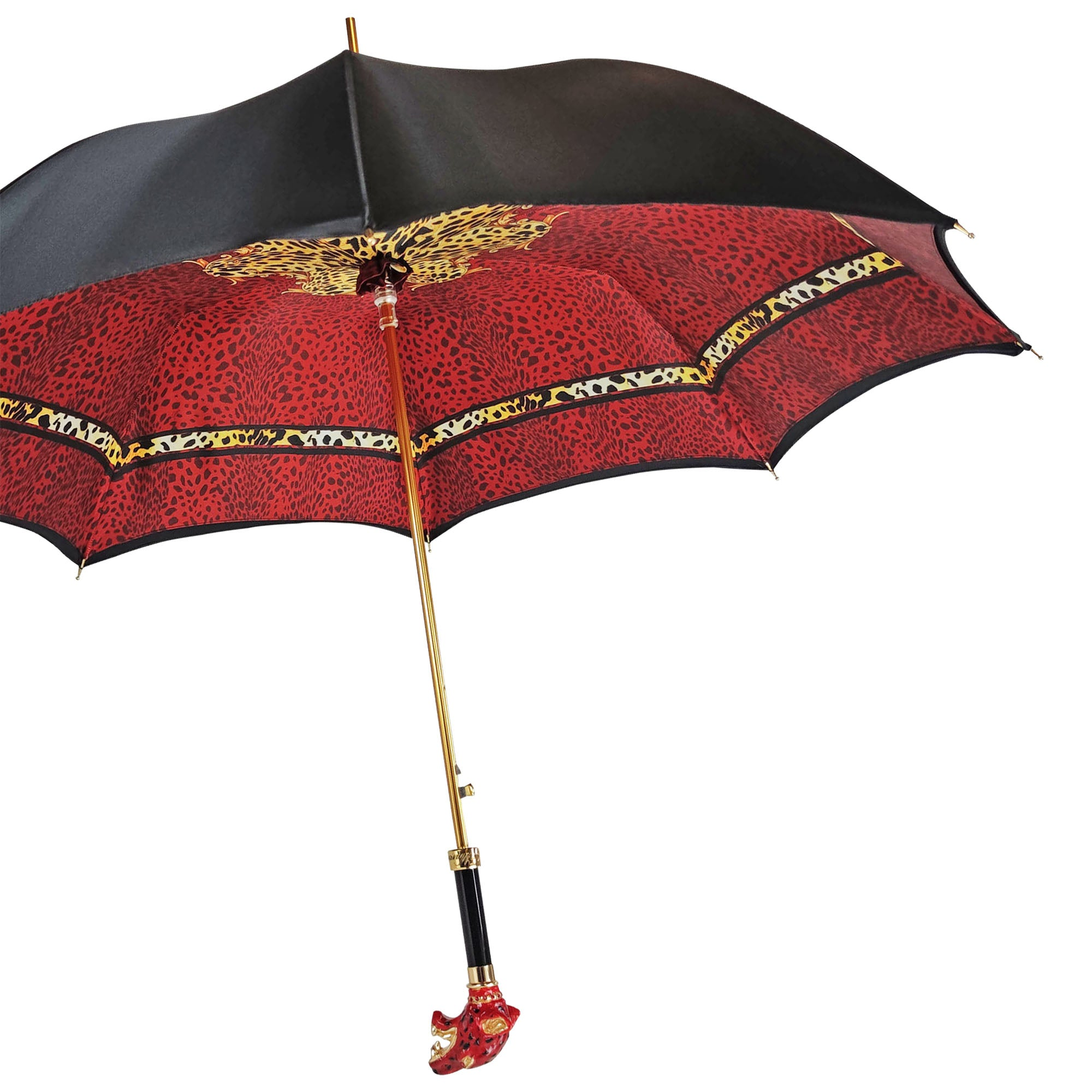 Red leopard print luxury umbrella by Ilmarchesato featuring a sparkling Swarovski crystal handle.
