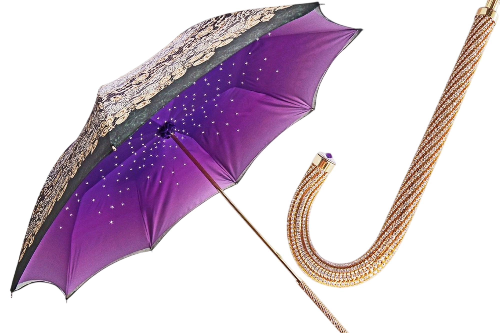 Purple luxury double canopy umbrella for women by Ilmarchesato, adorned with Swarovski crystals, showcasing elegant design.