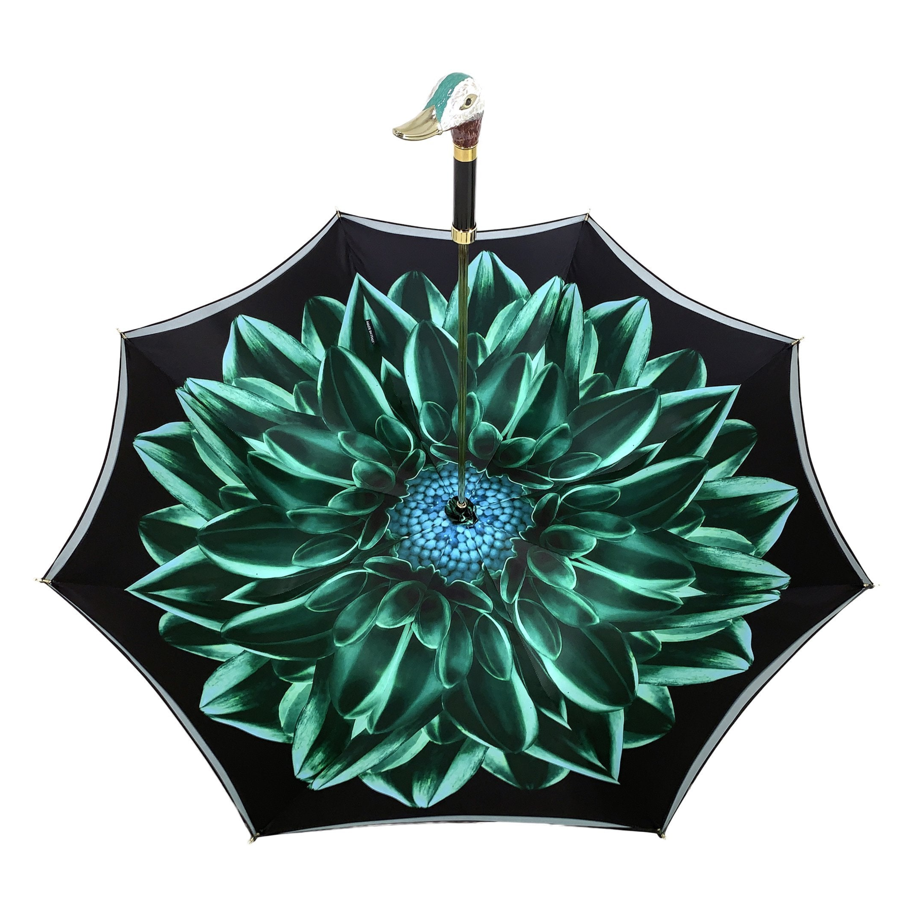 Teal floral double canopy luxury umbrella by Ilmarchesato, showcasing vibrant patterns and elegant design for women.