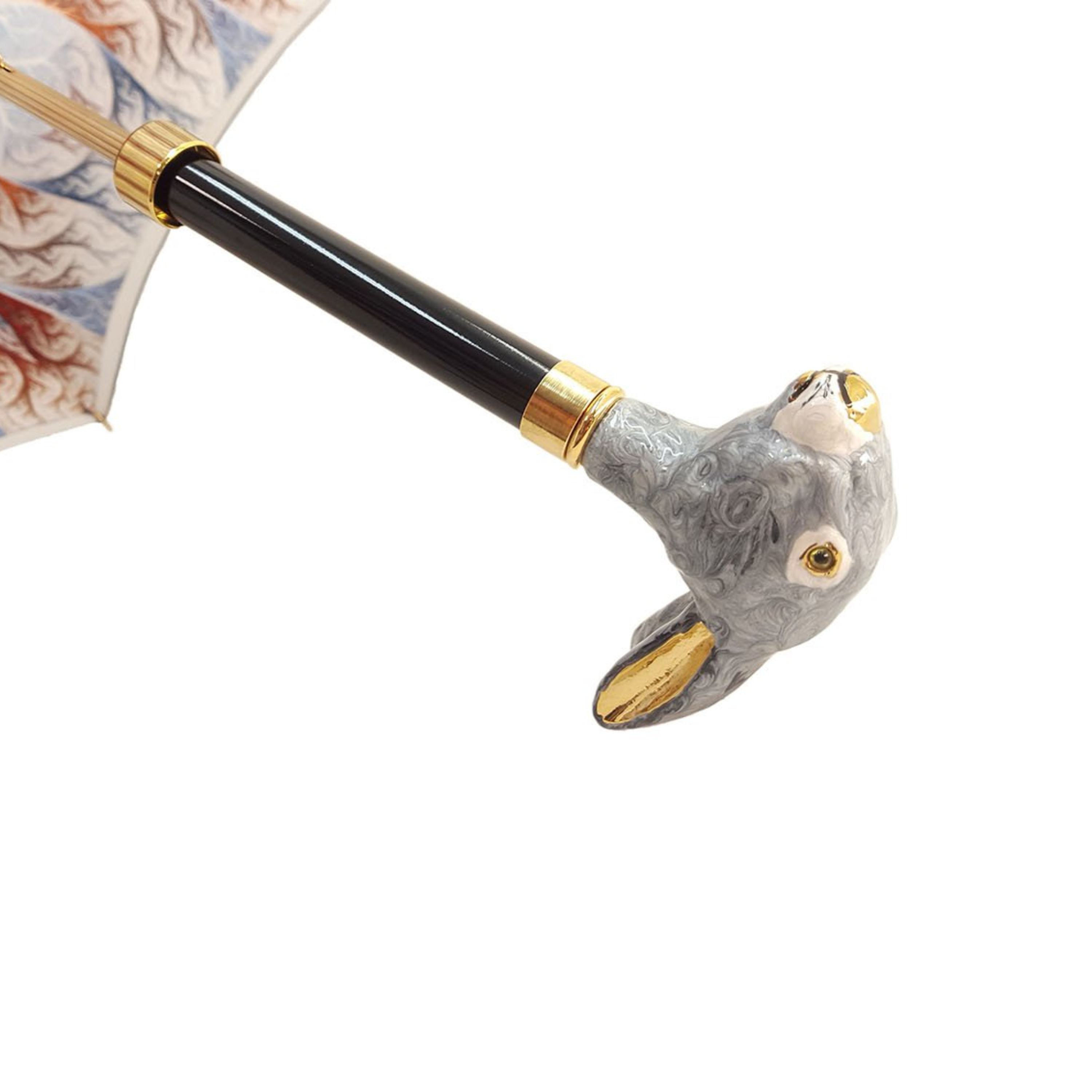 Elegant gradient grey Ilmarchesato rabbit umbrella displayed open, showcasing its luxurious design against a neutral background.