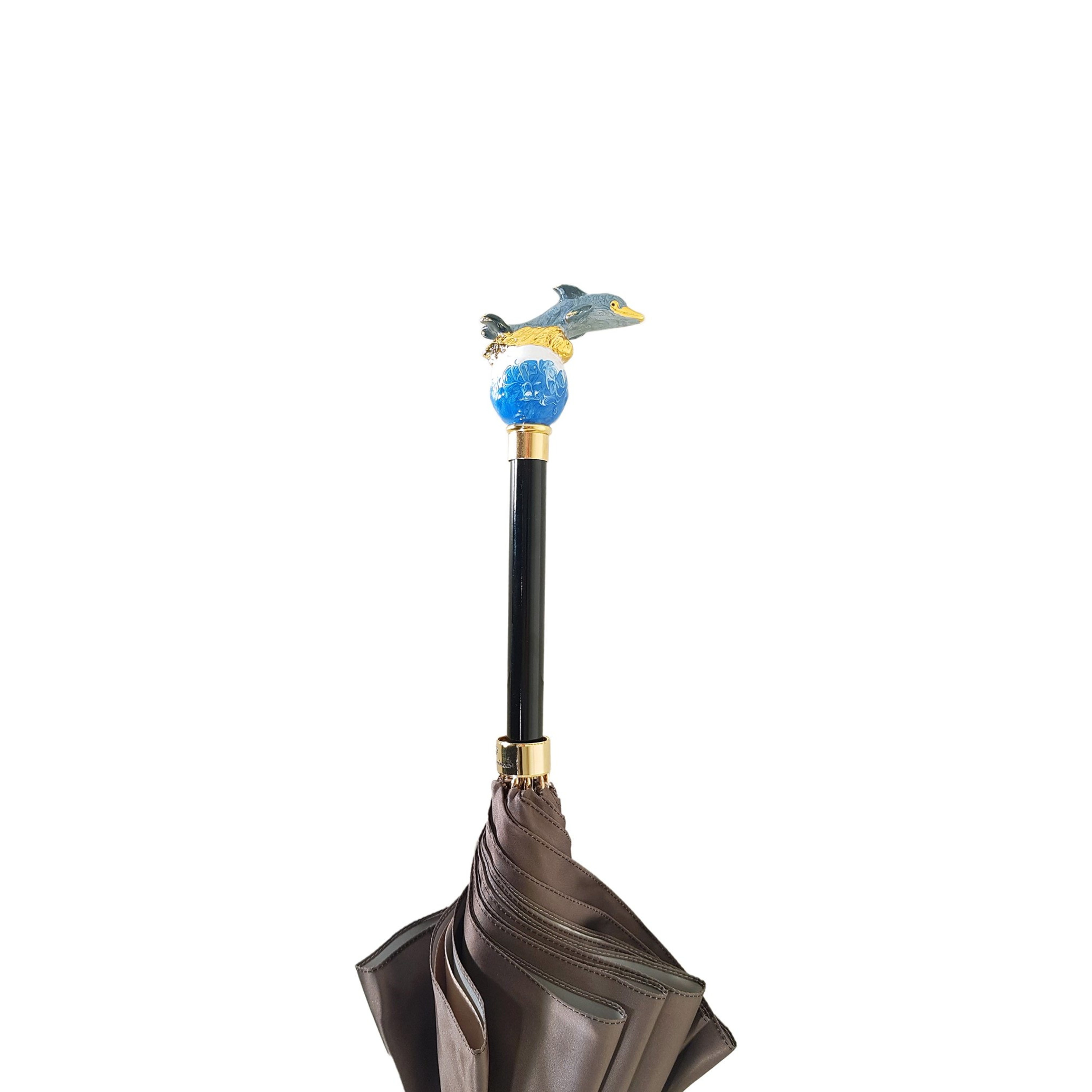 Dolphin-inspired Ilmarchesato double canopy umbrella with a blue rose interior design, open outdoors.