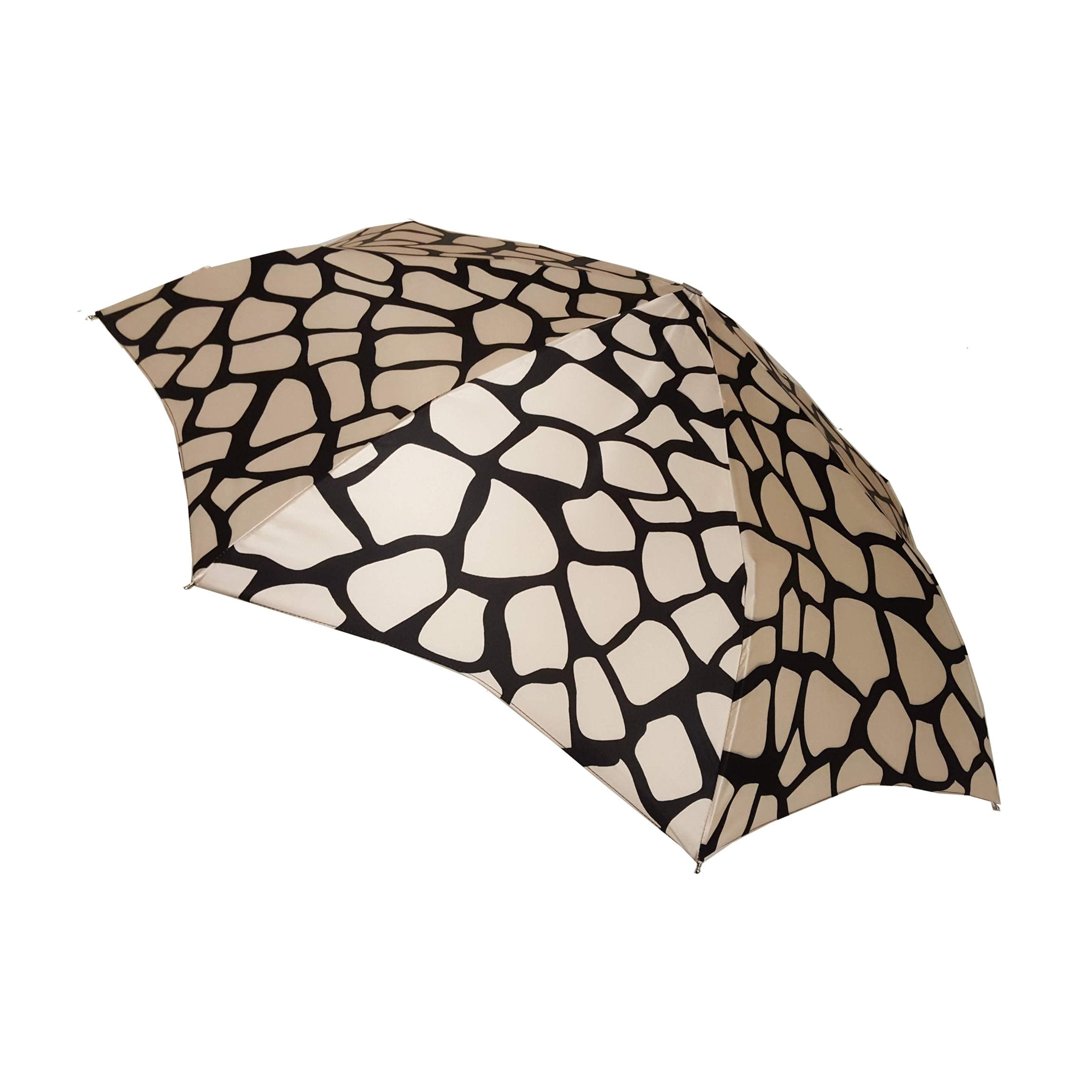 Ilmarchesato designer lightweight black and cream folding umbrella open, showcasing its elegant fabric and compact design.
