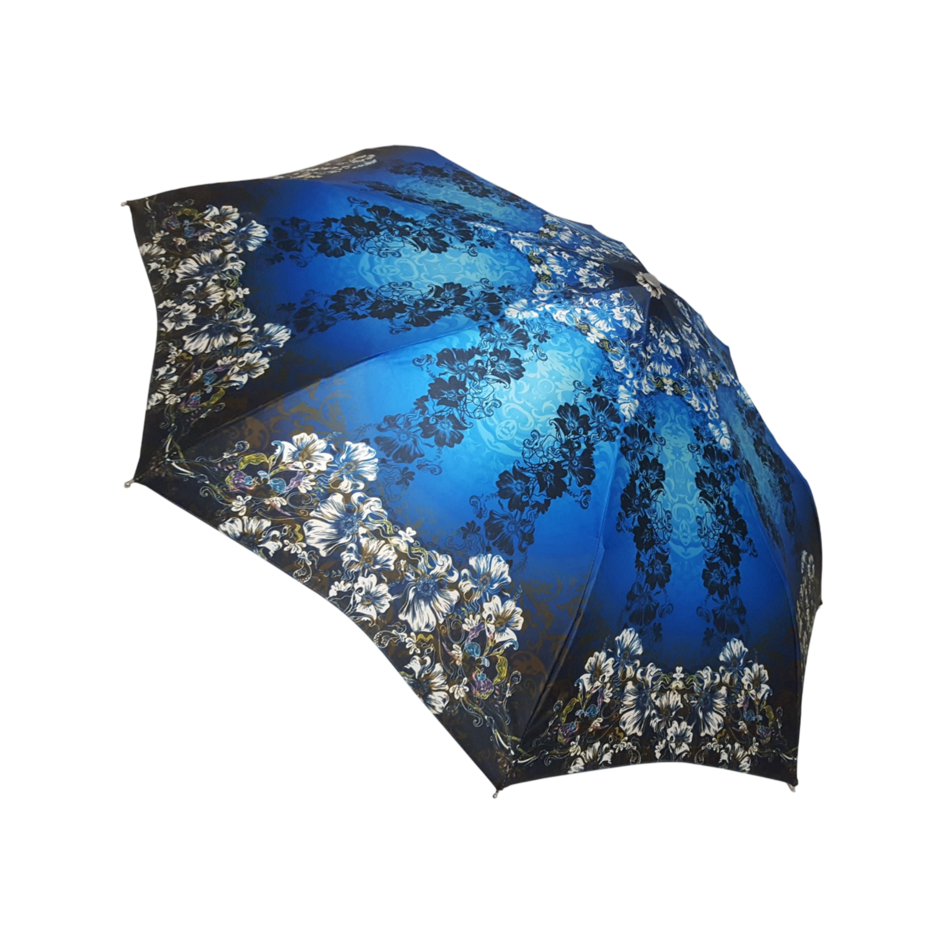Blue floral women's folding umbrella with a 24K gold handle, stylish and compact for rainy weather.