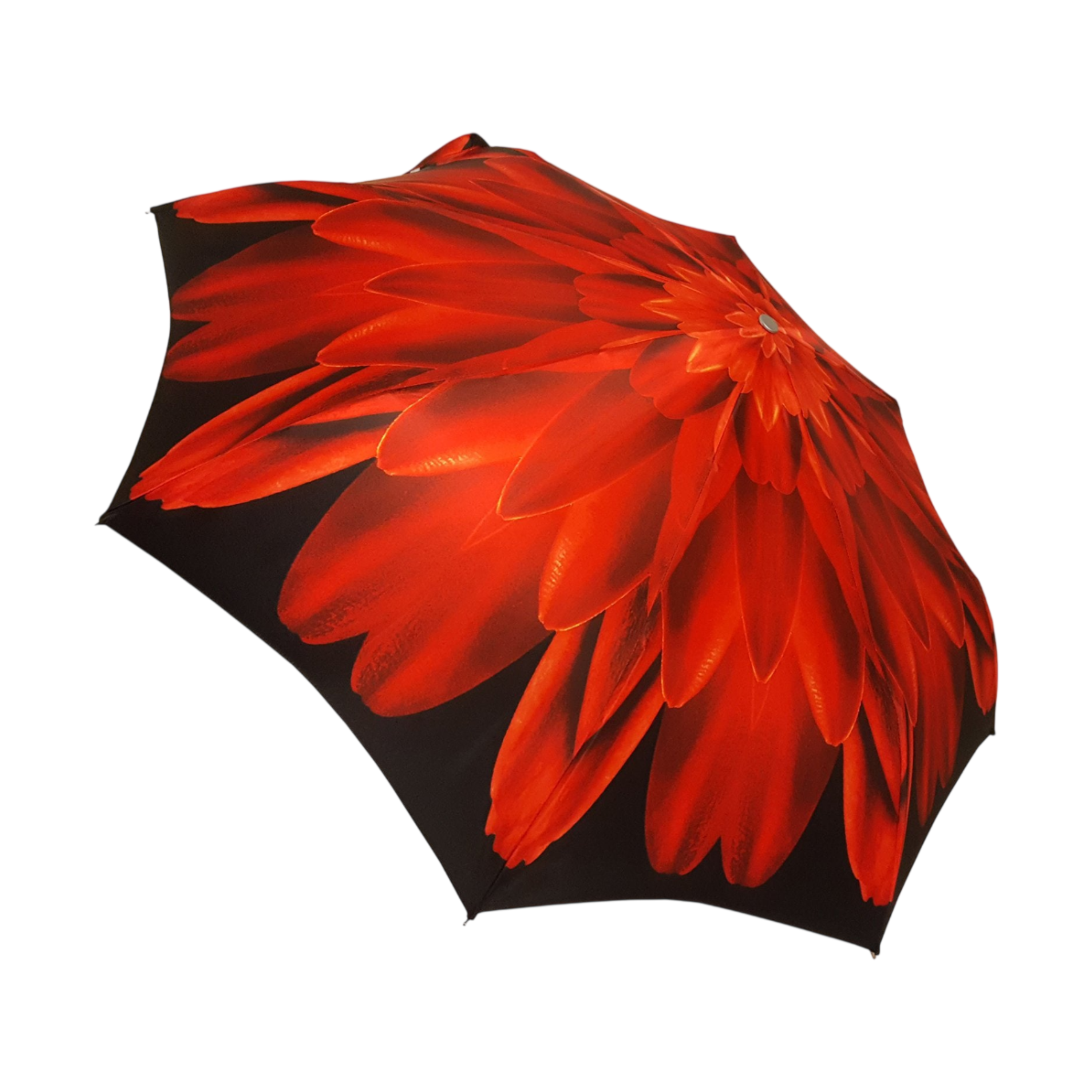 Red Dahlia folding umbrella by Ilmarchesato featuring a 24K jeweled handle and vibrant floral design.