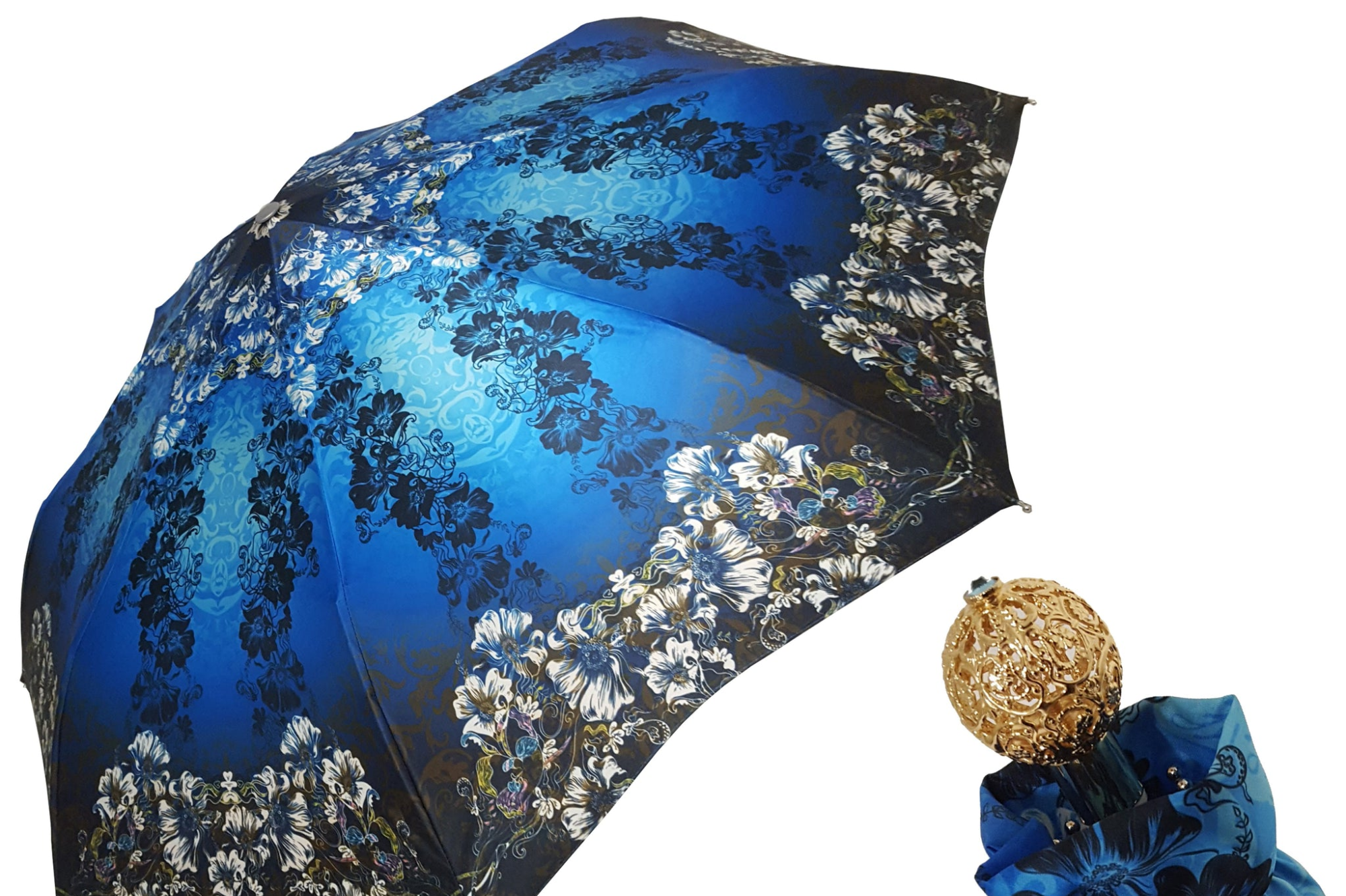 Blue floral women's folding umbrella with gold handle, compact design, featuring vibrant flower pattern and elegant 24K gold accents.