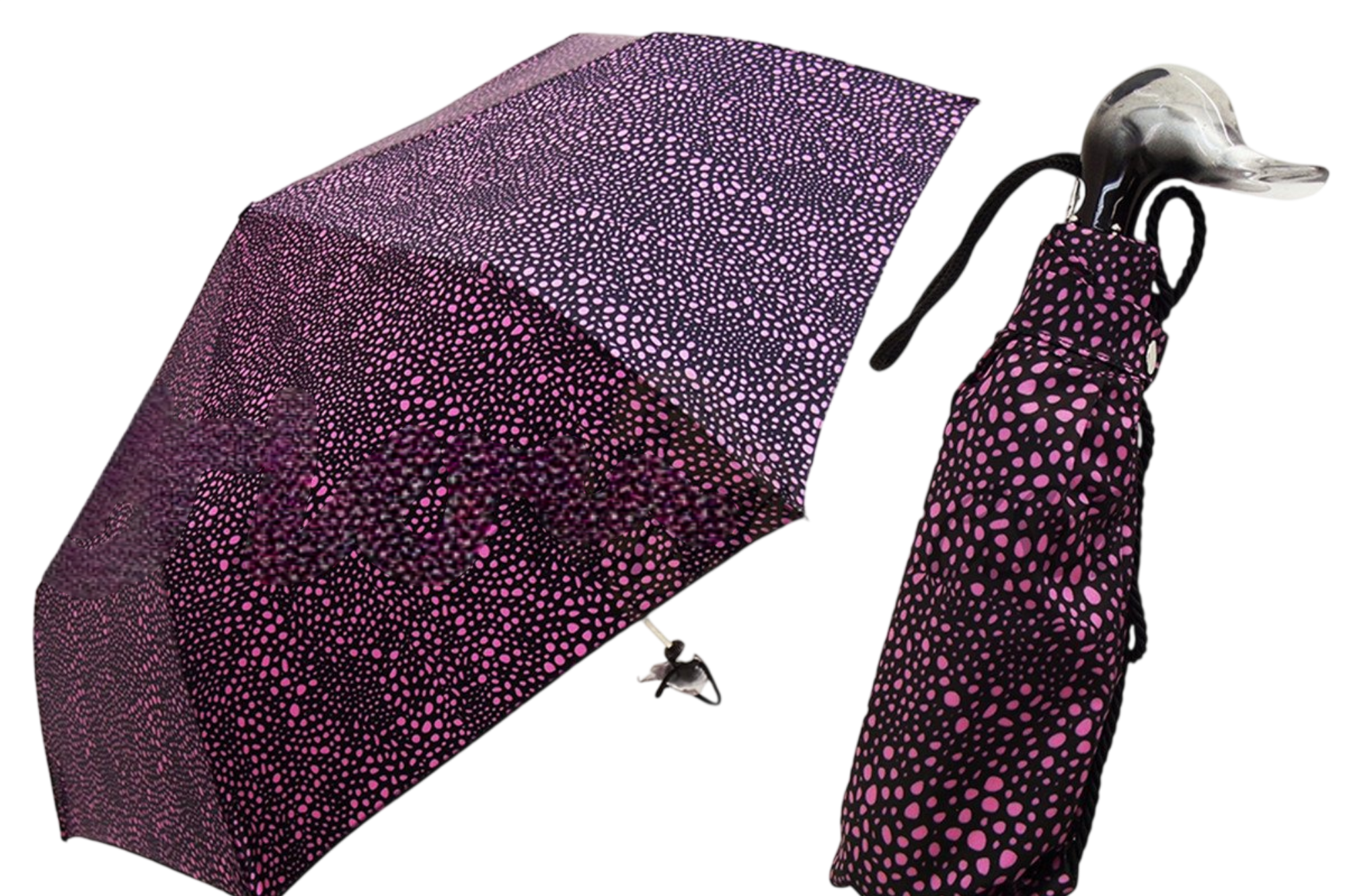 Black and fuchsia women's folding umbrella with Italian satin fabric, compact design, and automatic opening feature by Ilmarchesato.