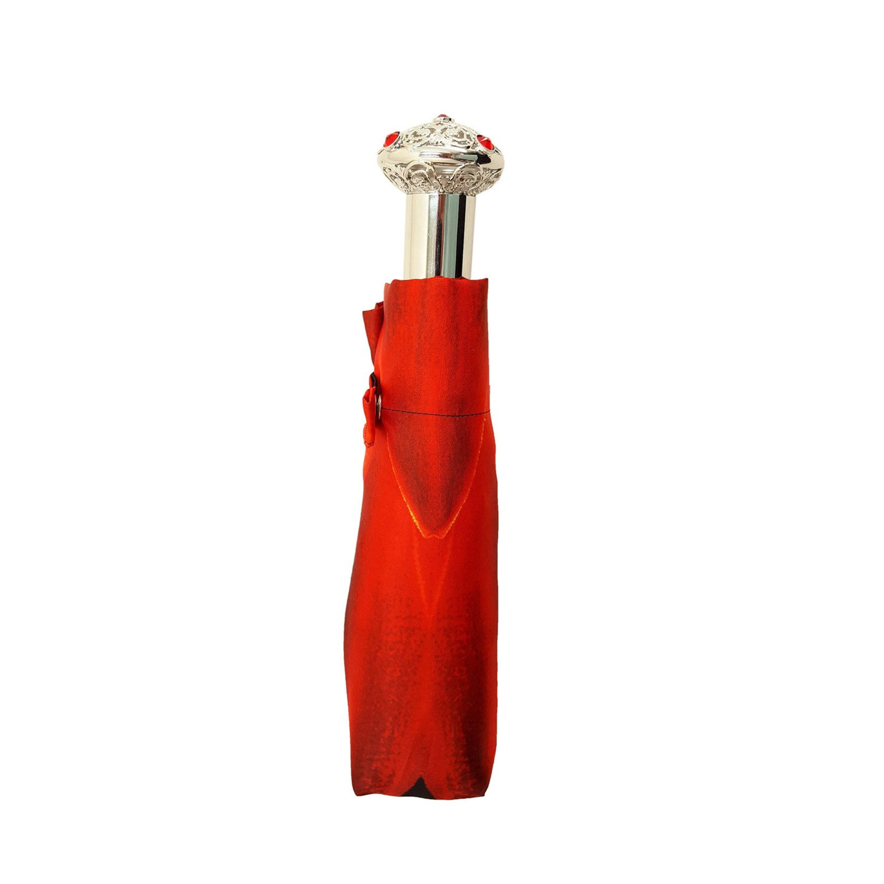 Red floral folding umbrella for women with silver-plated handle, stylish and compact, by Ilmarchesato.