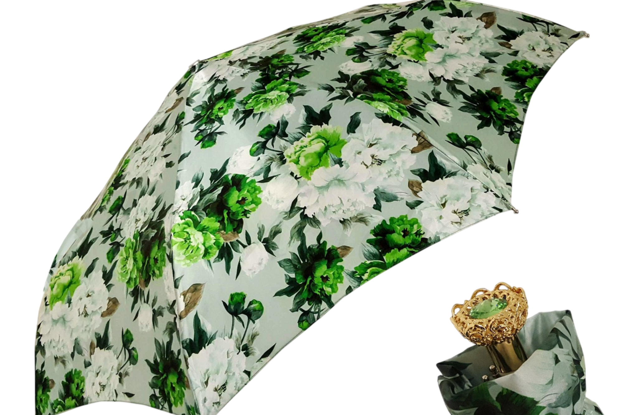 Green Floral Women’s Folding Umbrella with 24K Jeweled Handle