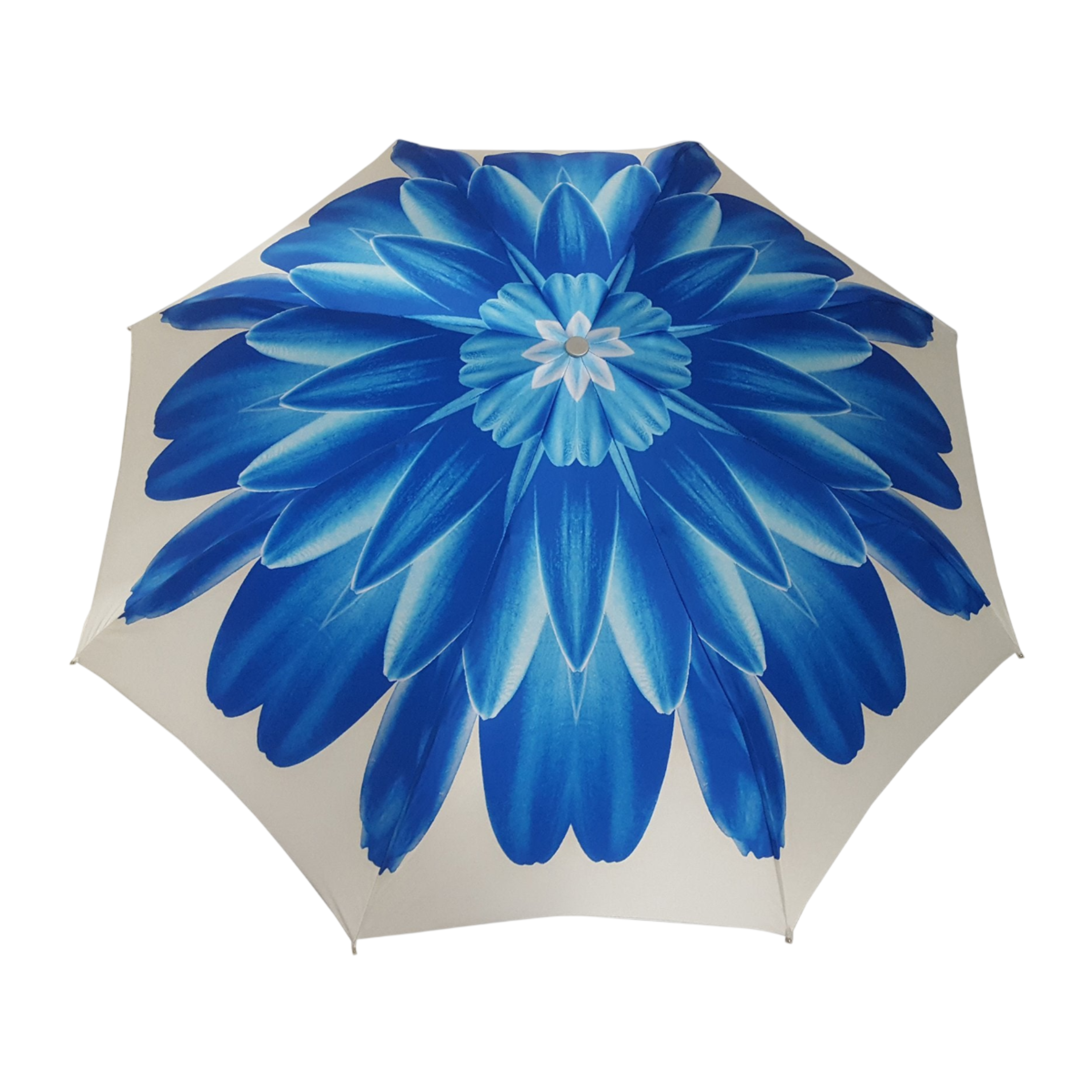 Blue Dahlia women's folding umbrella with 24K jeweled handle and compact design for stylish rain protection.
