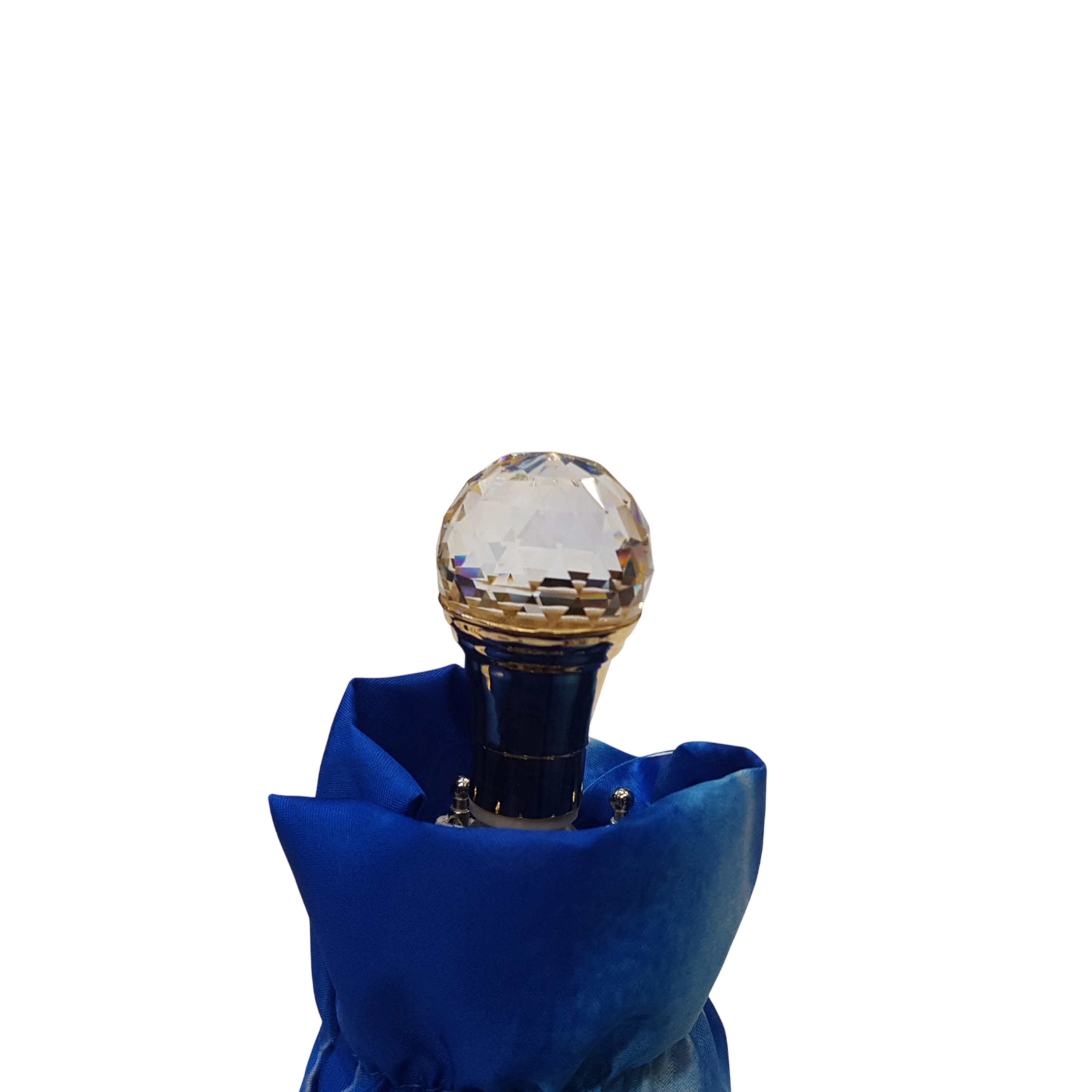 Blue Dahlia Ilmarchesato folding umbrella with 24K jeweled handle, compact design and vibrant floral pattern.