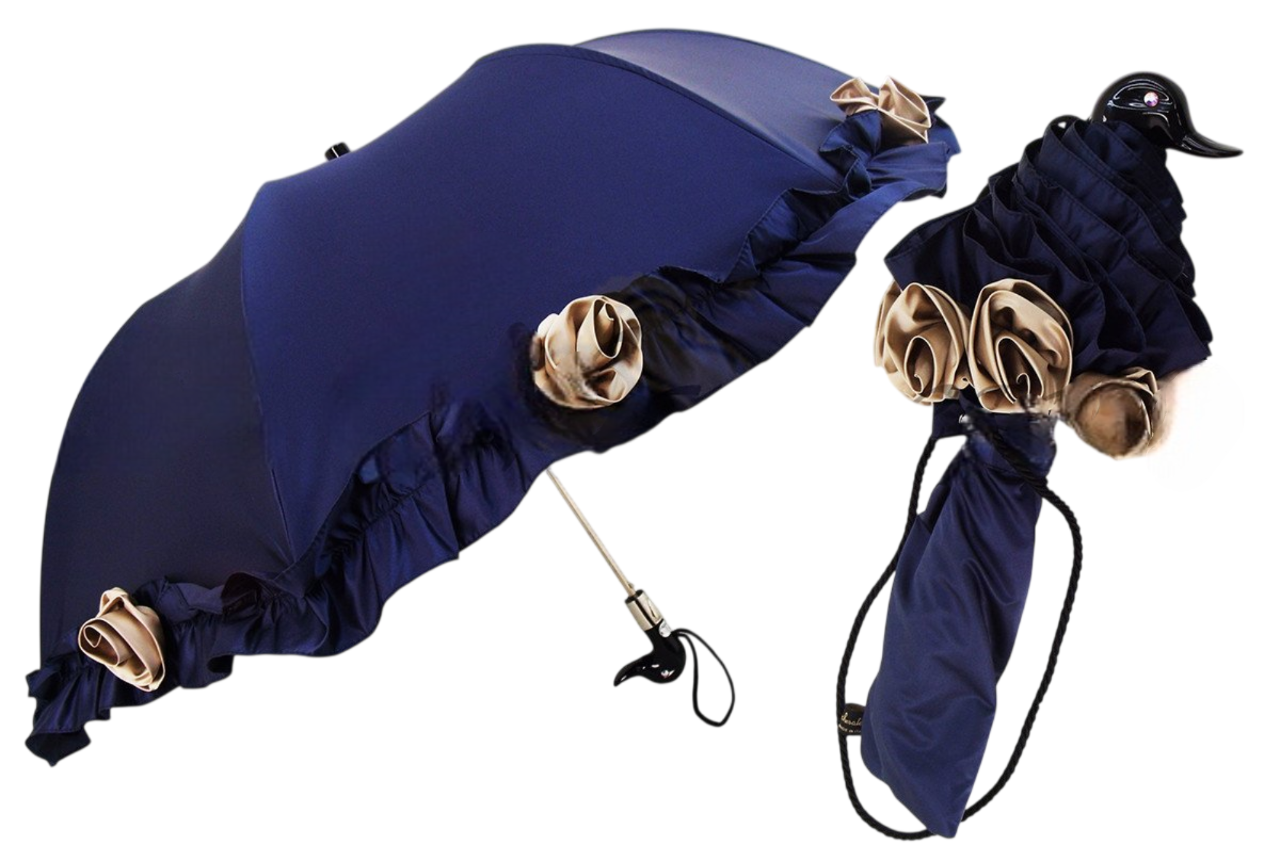 Blue folding umbrella for women with ruffles and rose embellishments by Ilmarchesato, shown open with decorative details.