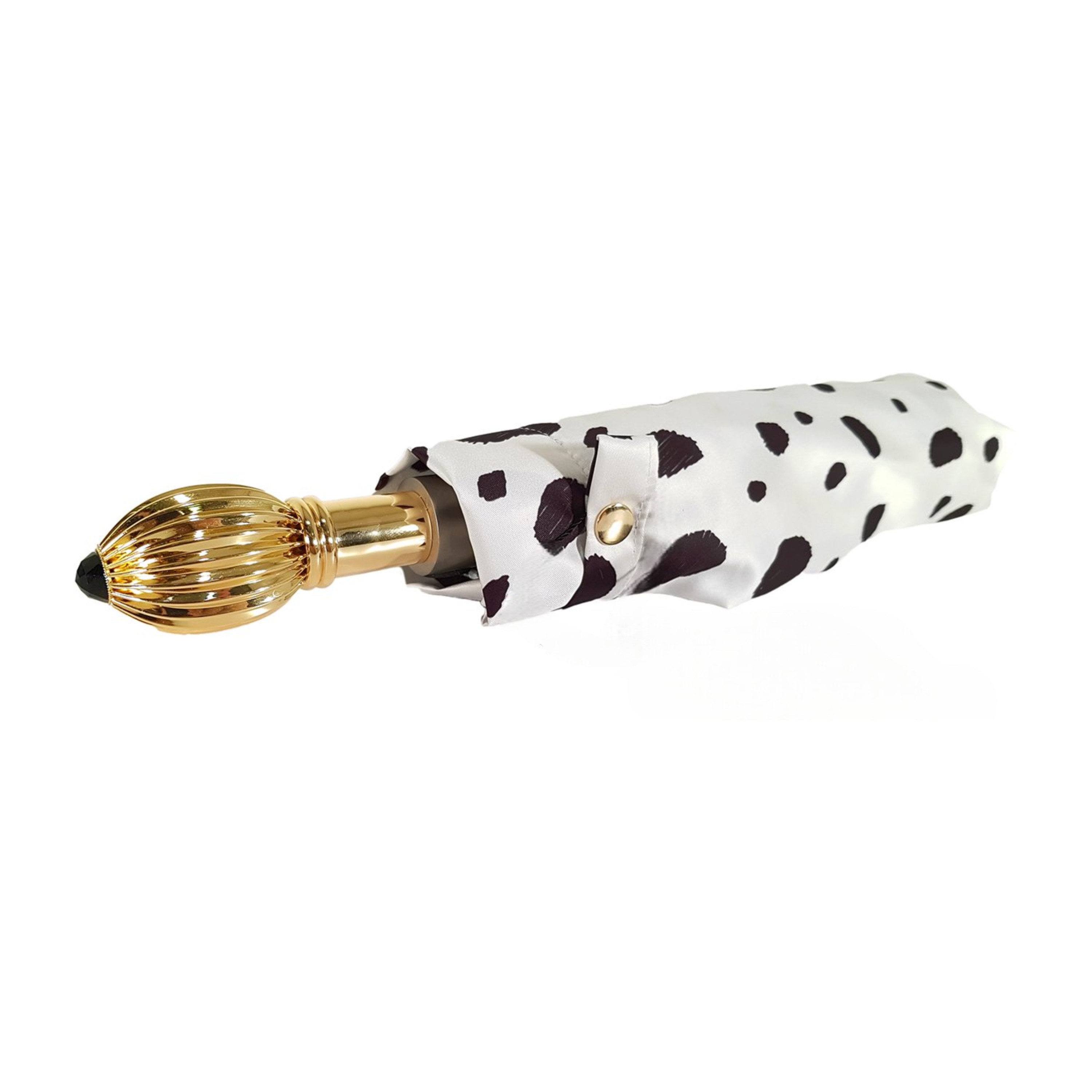 Black and white spotted folding umbrella with 24K jeweled handle by Ilmarchesato, open to show its compact design and decorative handle.