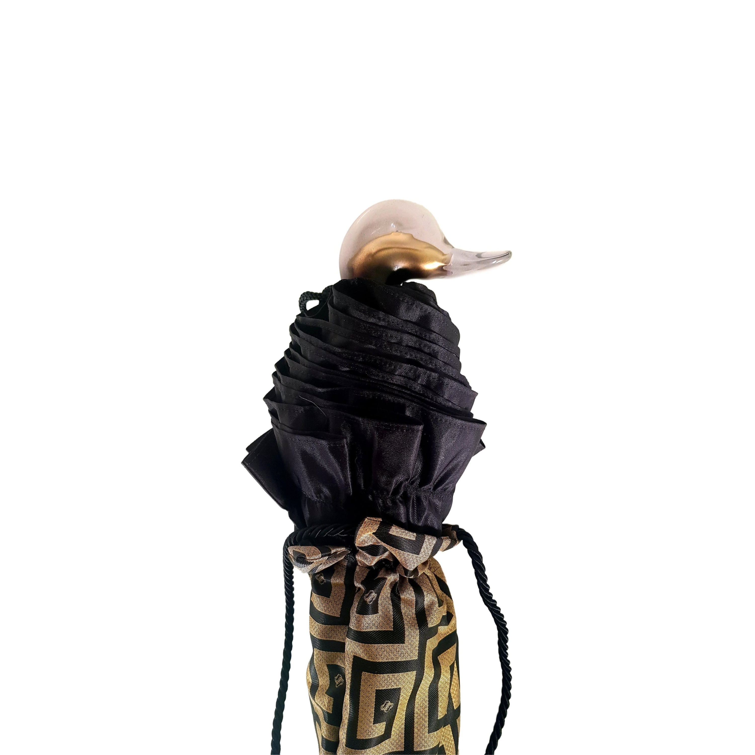 Automatic women's folding umbrella with black ruffle and Greek design, compact and stylish for rain protection.